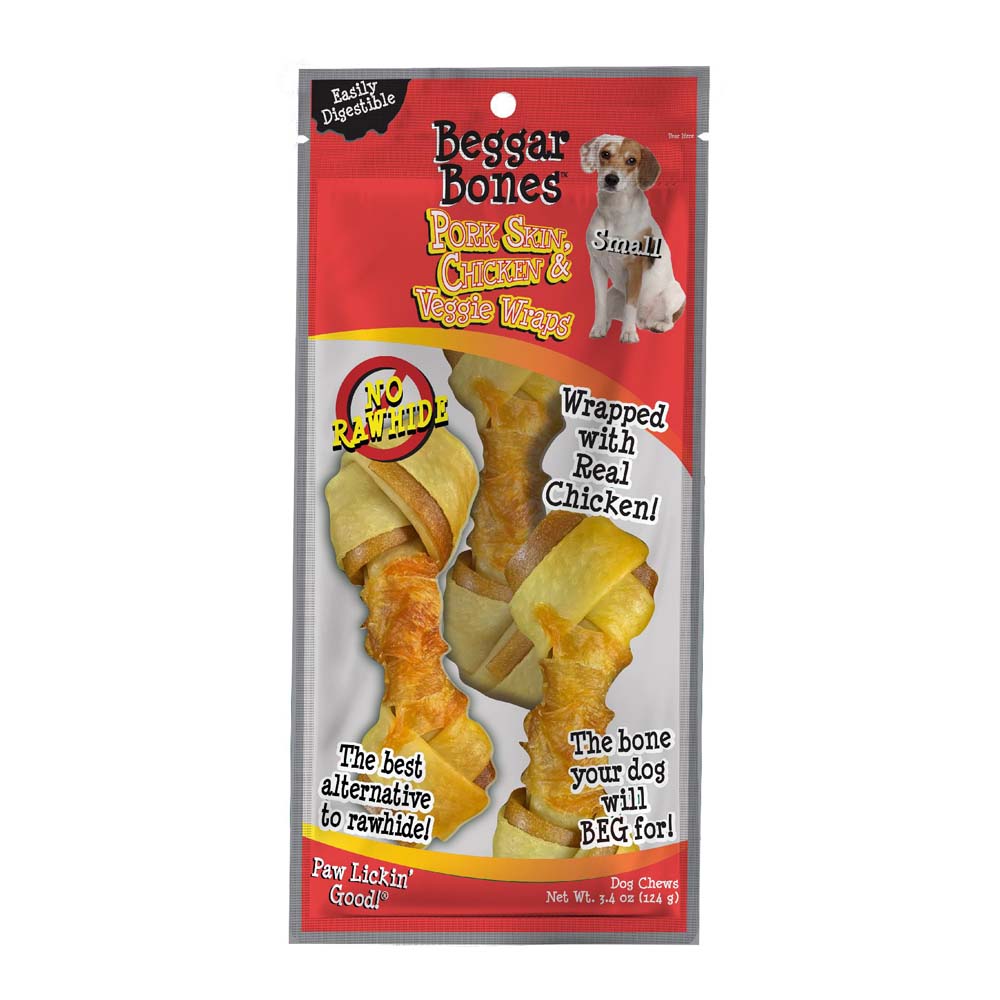Savory Prime Beggar Bones Pork Skin; Chicken and Veggie Wraps Dog Treats 3.4 oz 3 Pack
