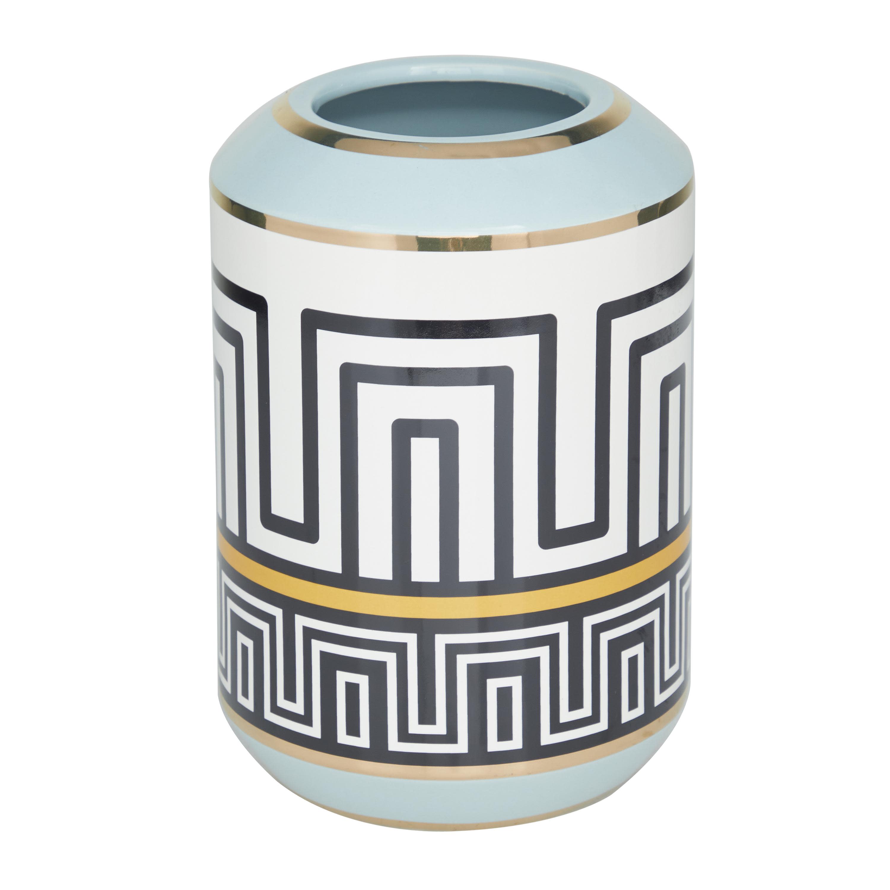 Teal Ceramic  Decorative Vase with Greek Knot Pattern, 6" x 6" x 9"