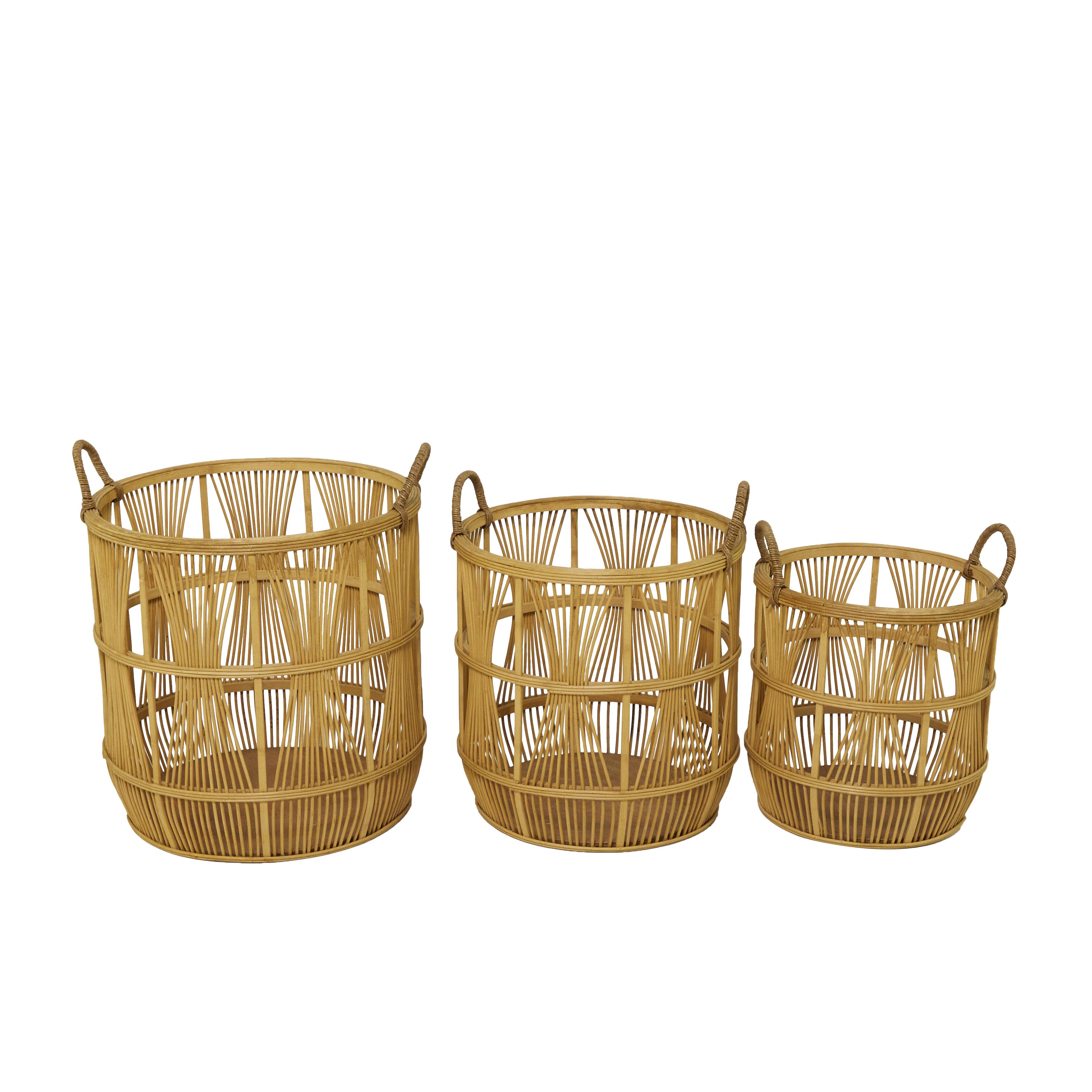 Brown Wood  Handmade Decorative and Functional Storage Basket with Handles, Set of 3 19", 17", 15"H