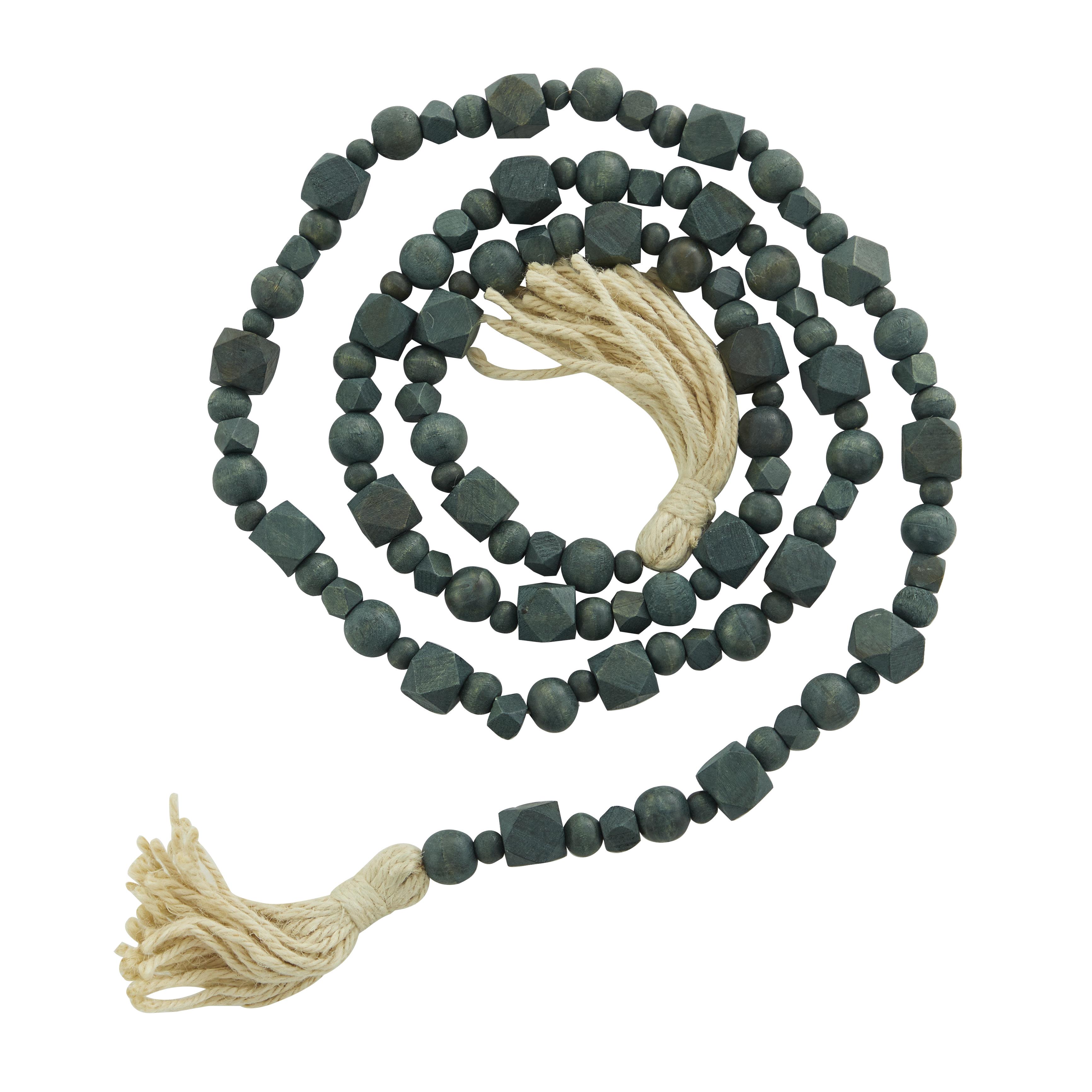 Green Mango Wood  Handmade Hexagon Carved Geometric Long Beaded Garland with Tassel, 80" x 1" x 1"