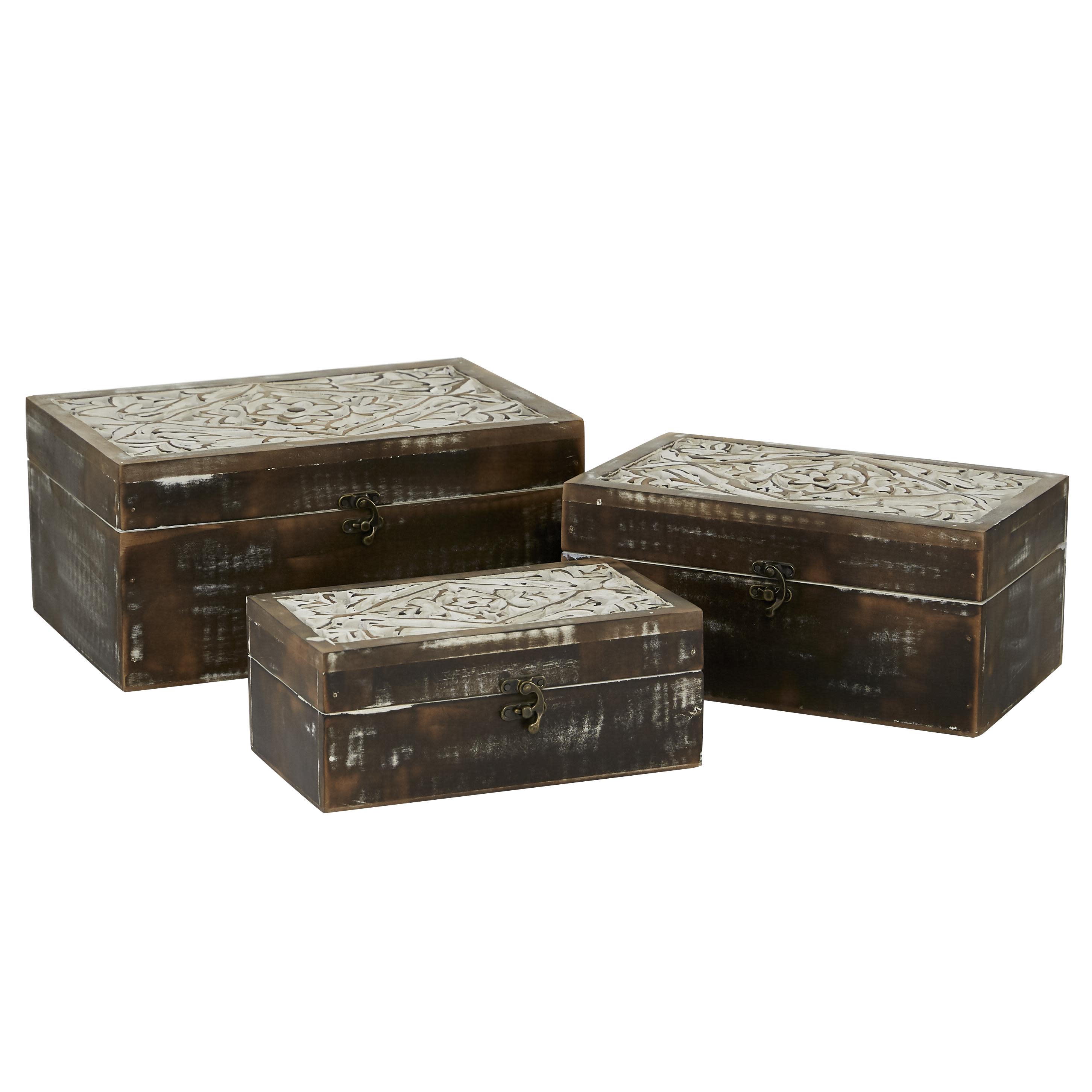 Brown Wood Floral Handmade Decorative Box with Hinged Lid, Set of 3 12", 11", 9"W