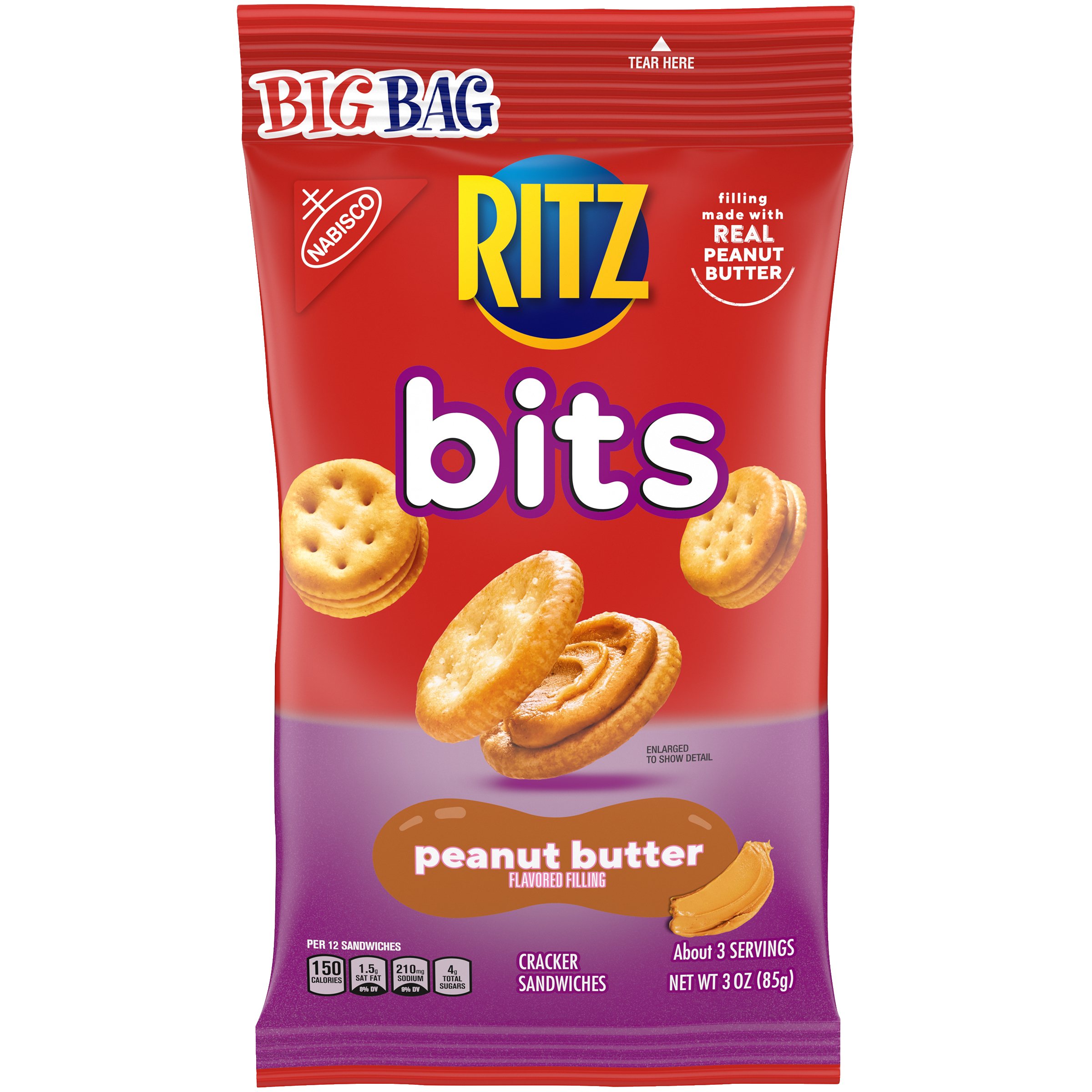 RITZ Bits Peanut Butter Sandwich Crackers, Big Bag, 3 oz