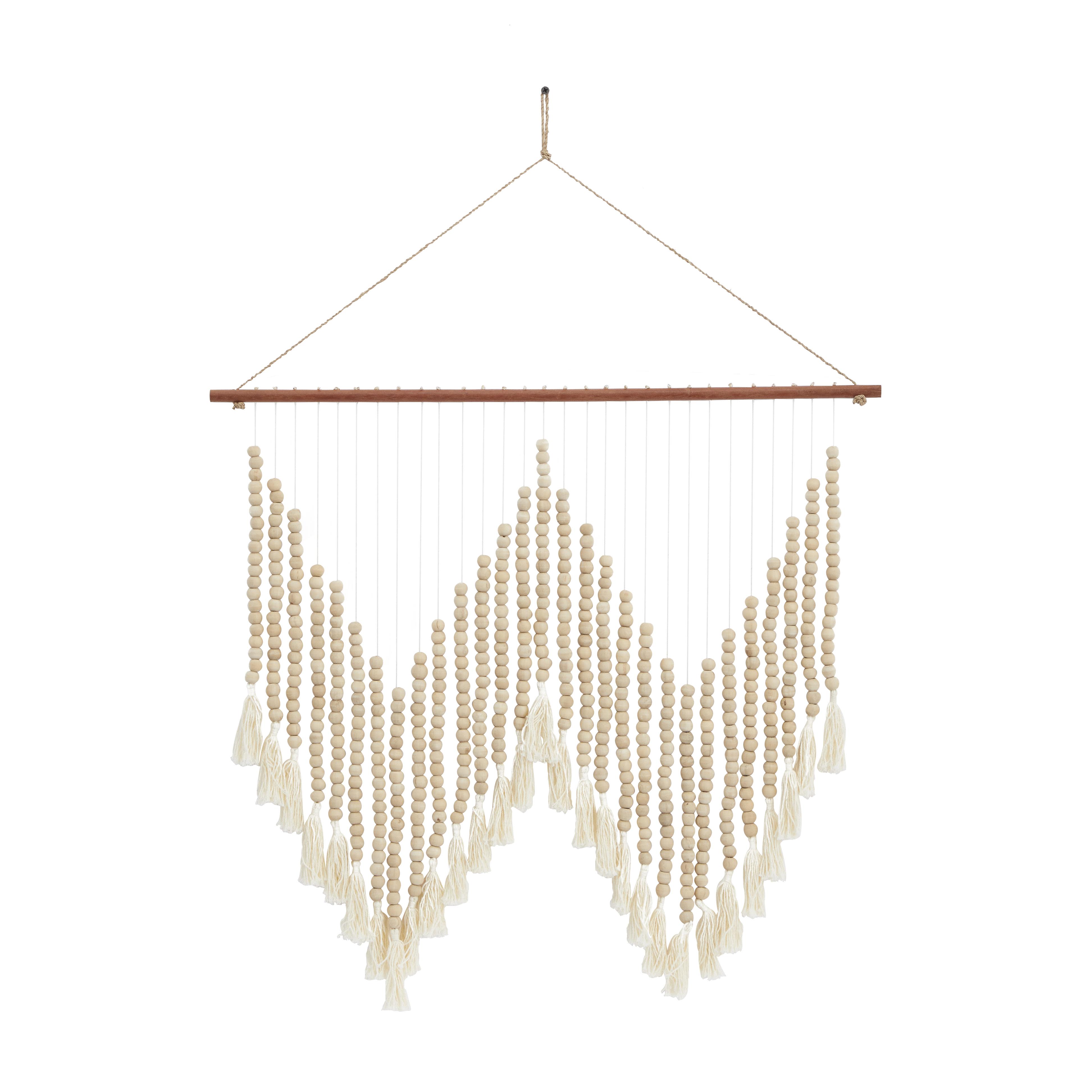White Wood Macrame Handmade Beaded Home Wall Decor with Fringe Tassels, 26" x 1" x 35"