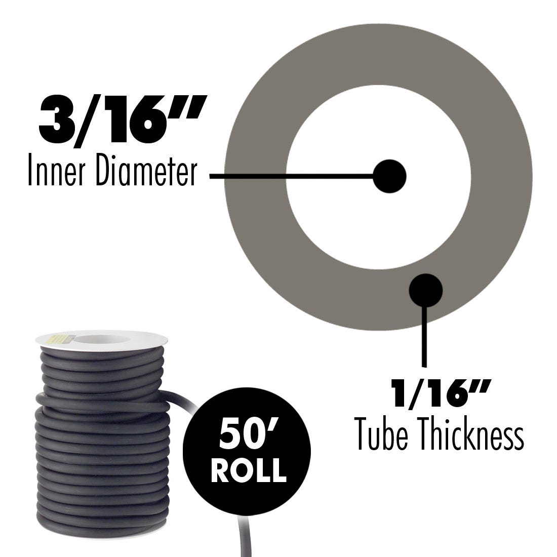 ACE Latex Rubber Tubing Black, 3/16" x 1/16"- 50' Roll