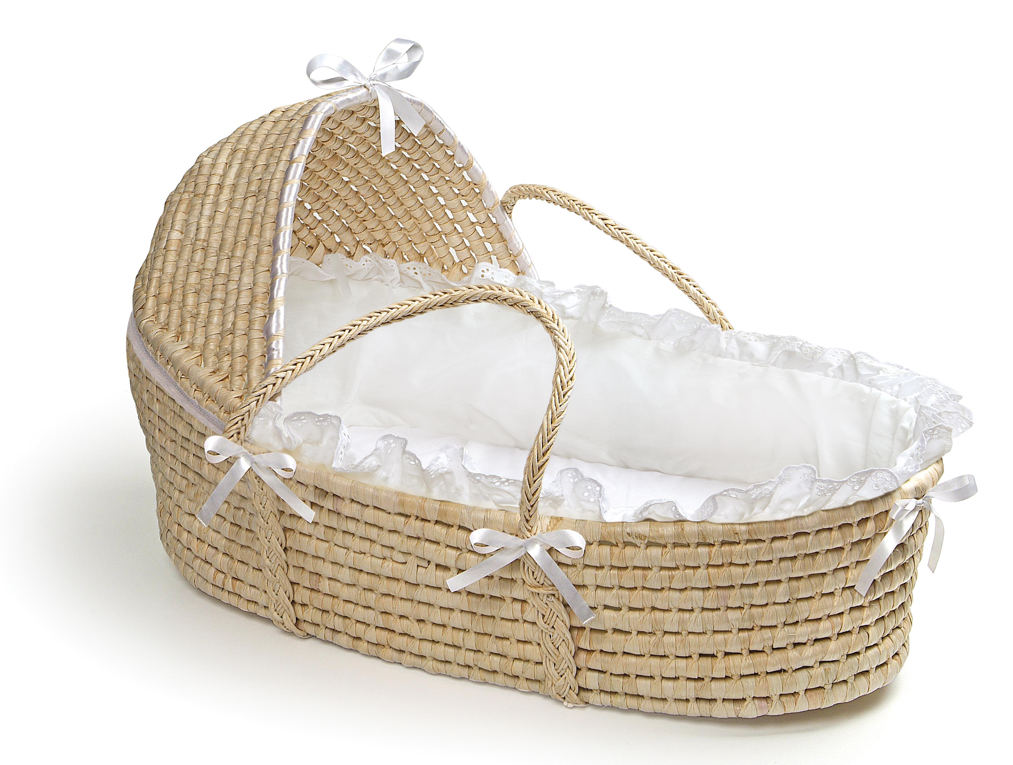 Natural Hooded Moses Basket - White Bedding