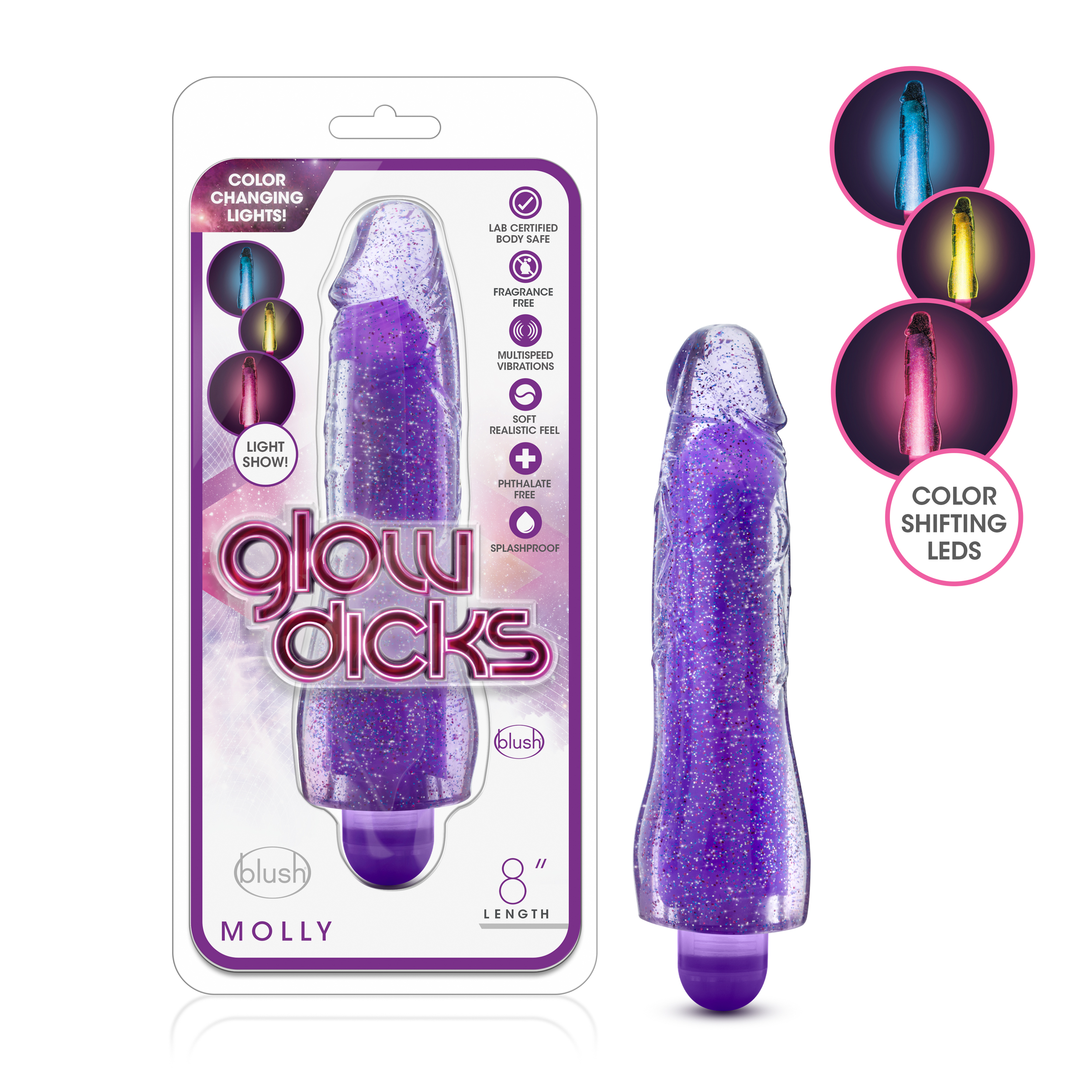 Blush Glow Dicks Molly Glitter Realistic Purple 8-Inch Long Vibrating Dildo