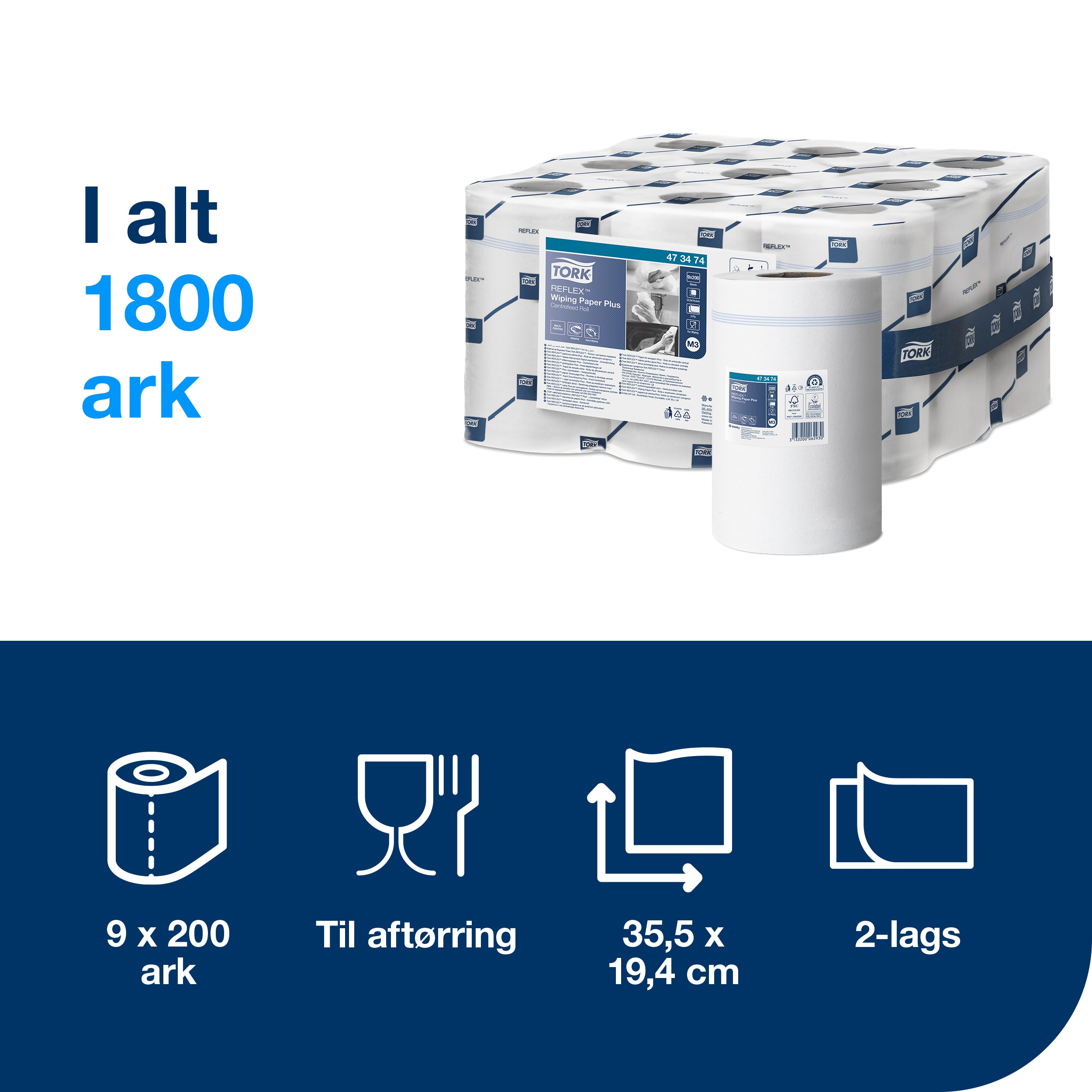 Aftørringsrulle, Centertræk, 2 lag, 9 ruller, Tork Reflex M3