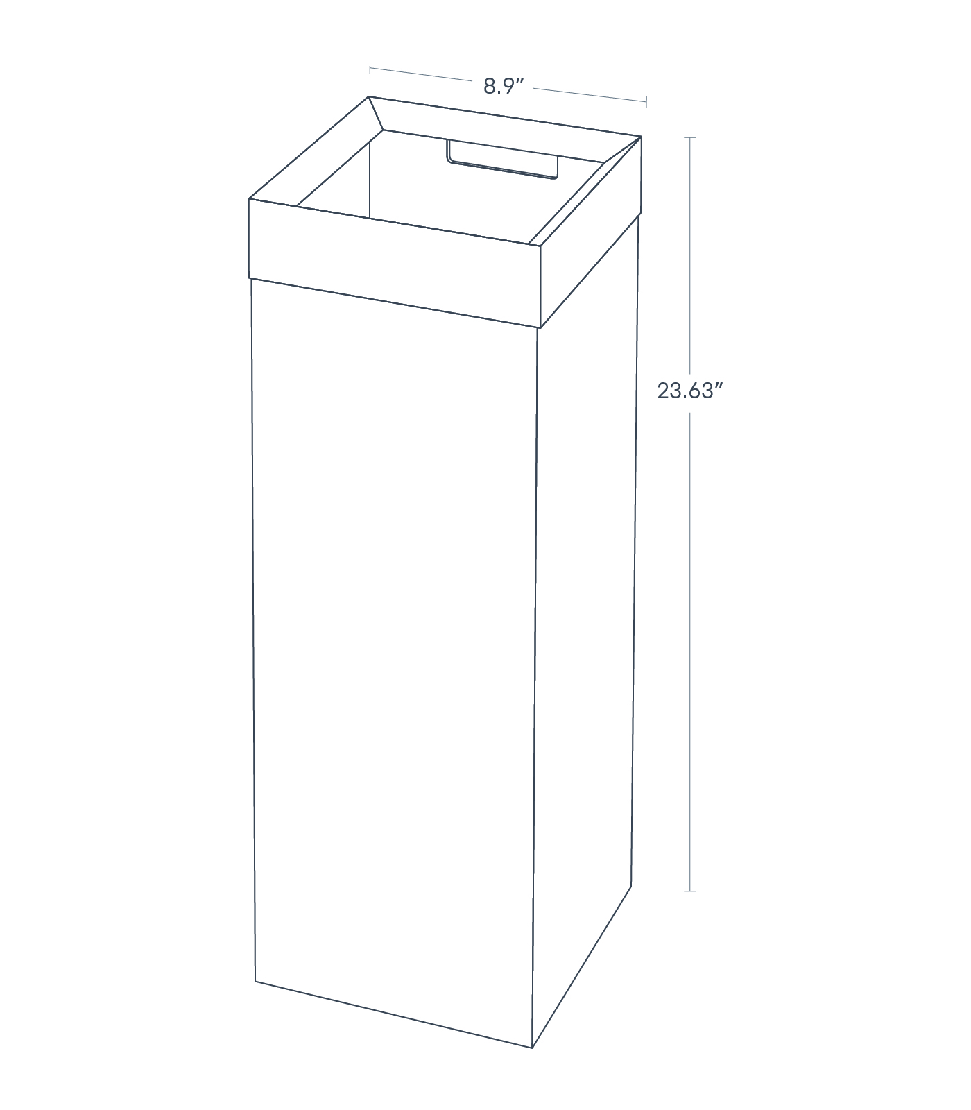 Dimension image for Trash Can showing a total height of 23.63" and equal length/height of 8.9".