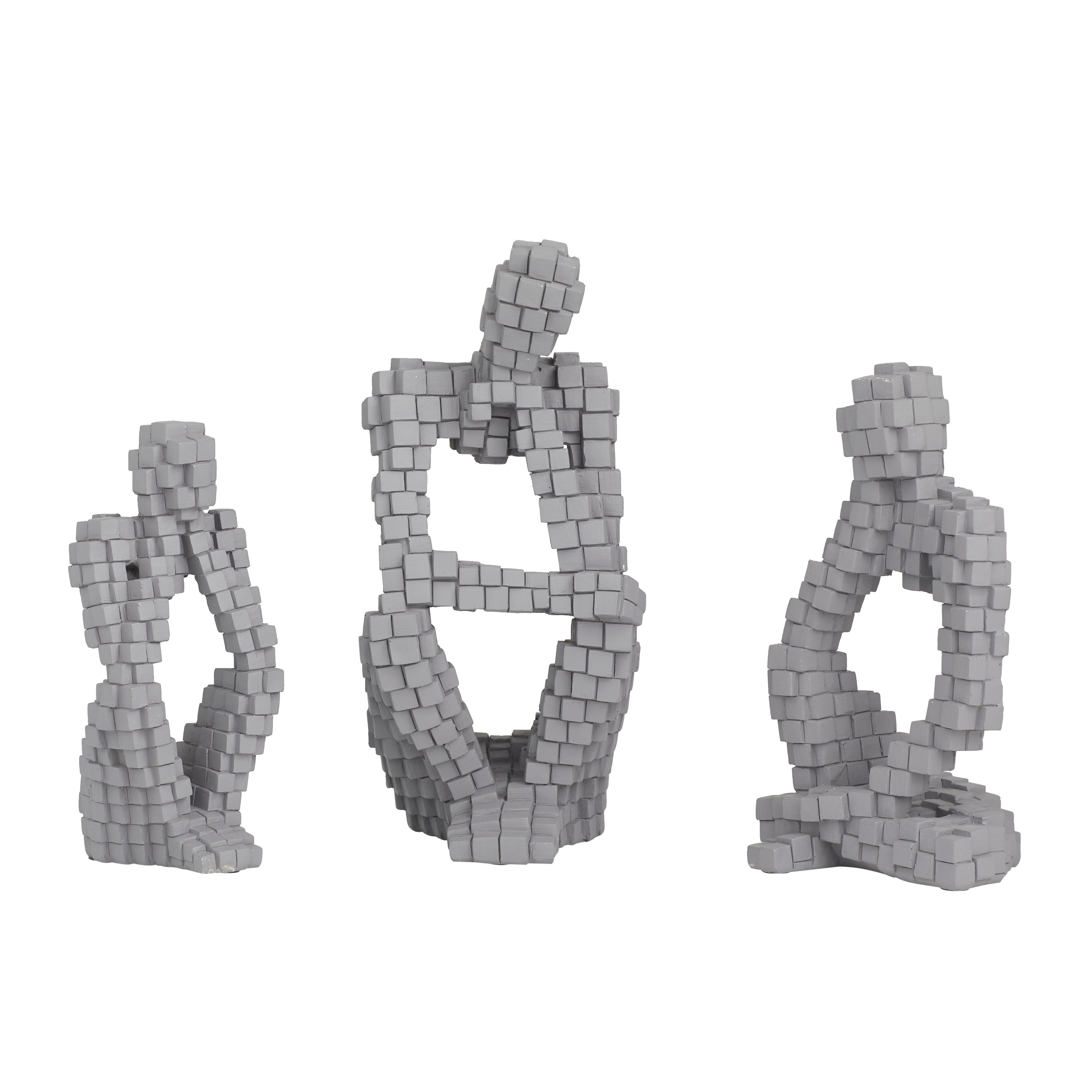 Gray Polystone People Sitting Thinker Sculpture, Set of 3 13", 10", 9"H