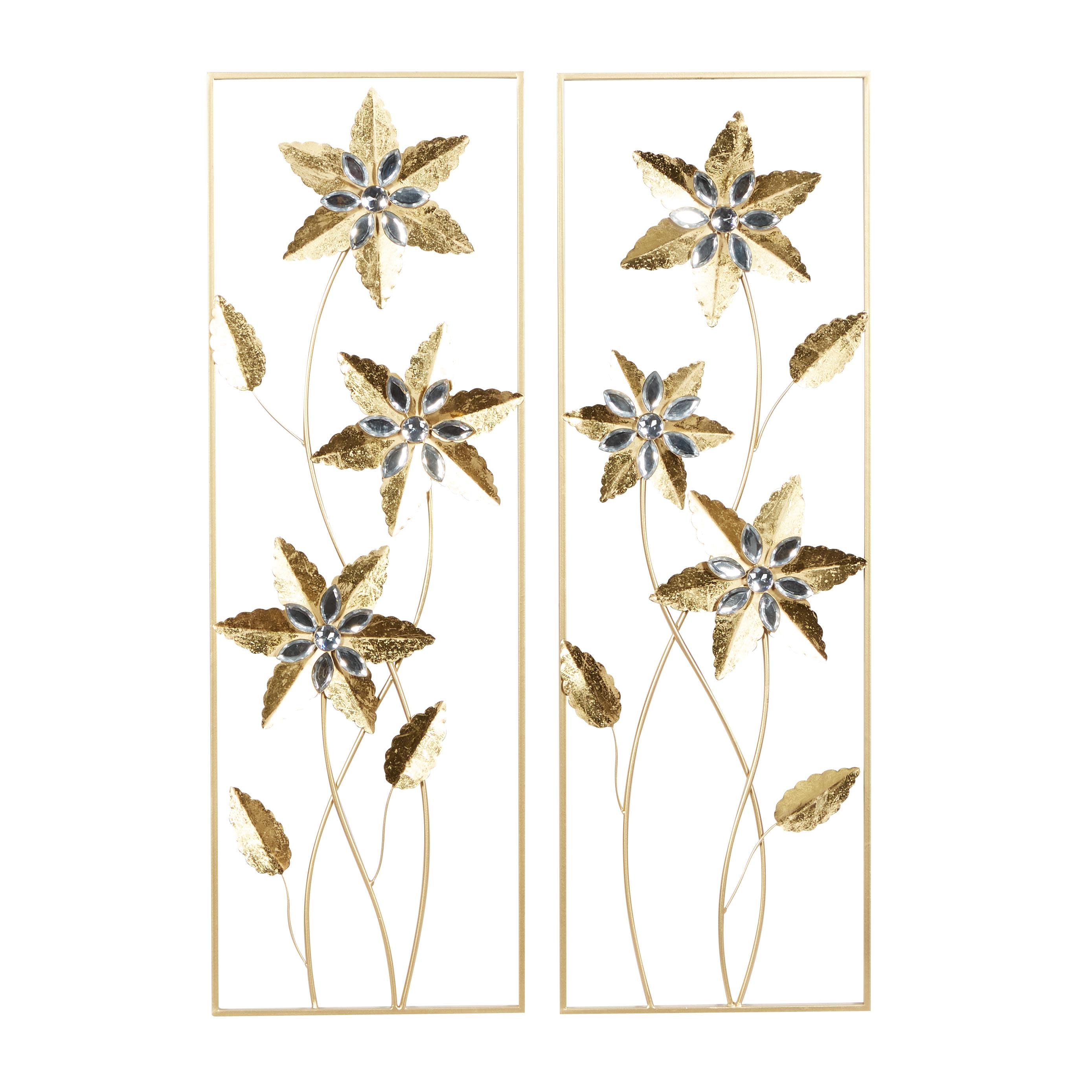 Gold Metal Floral Home Wall Decor with Gold Frame, Sets of 2, 12\"W, 36\"H