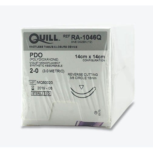 Quill™ PDO  Violet Monofilament Sutures, 2-0, 18mm 3/8 Circle, Reverse Cutting, 14cm x 14cm Barb Configuration -12/Box