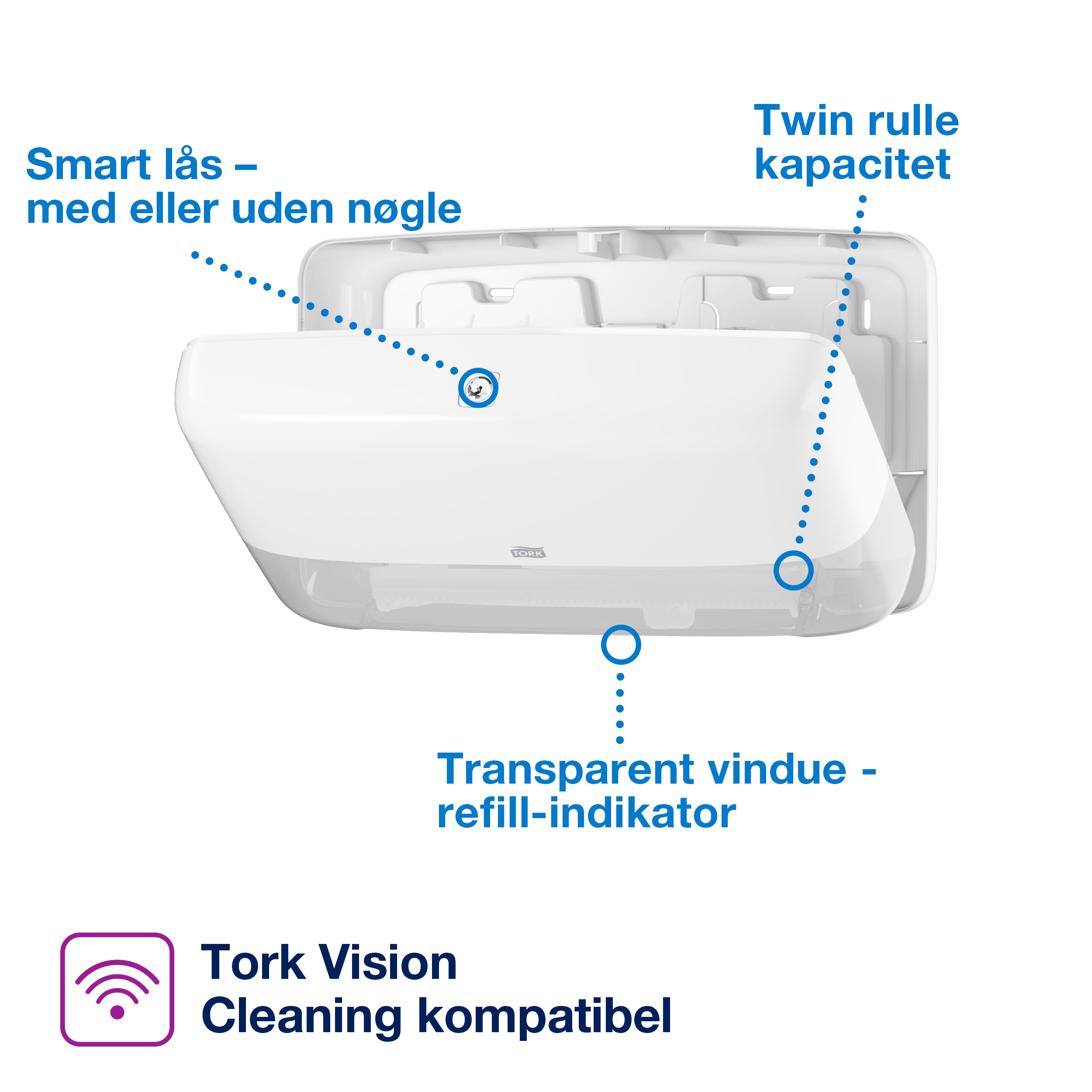 Toiletpapirdispenser, Til mini jumboruller, Udvendig oprulning, Hvid, Tork Mini Jumbo Twin T2