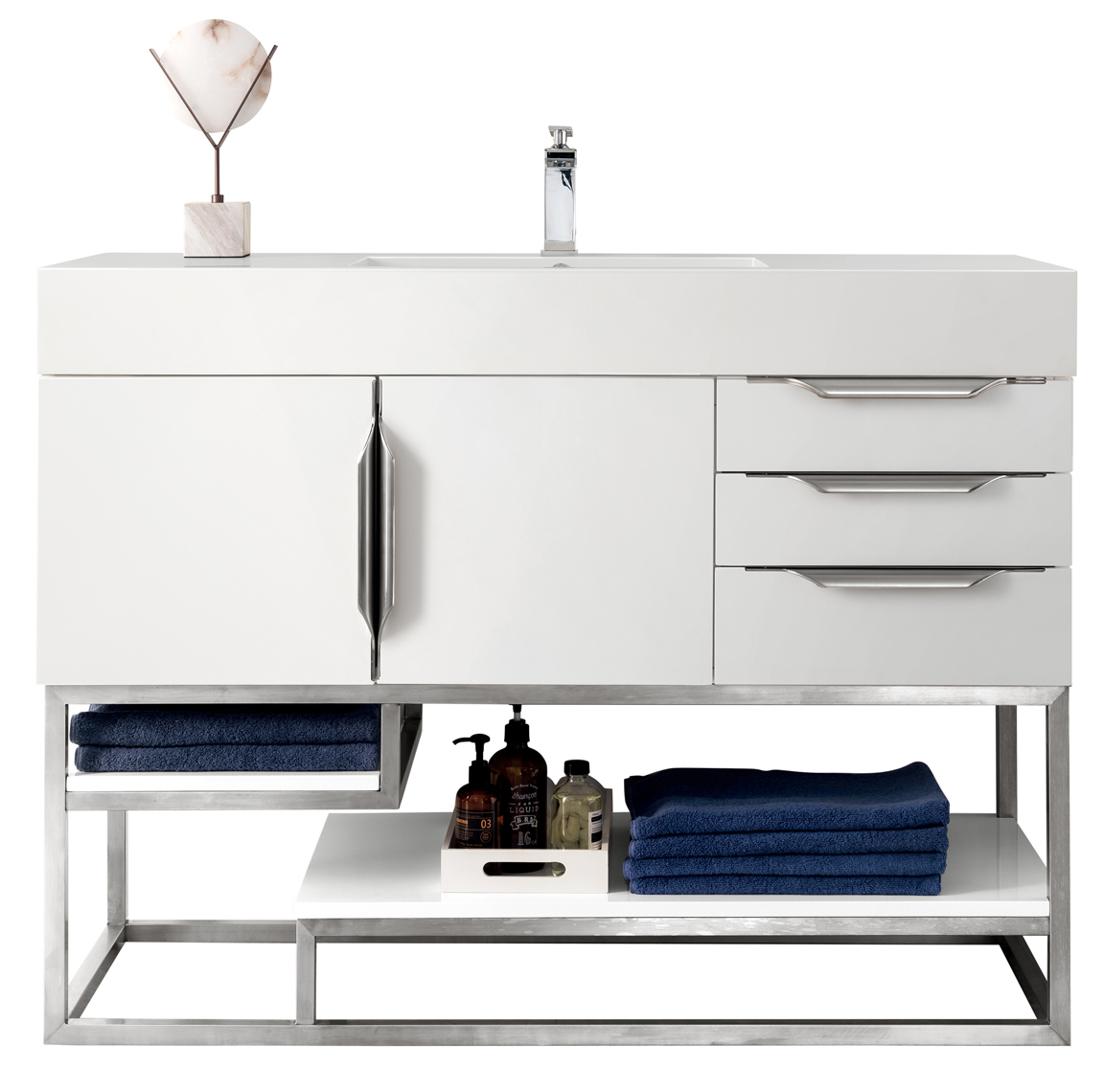 James Martin Columbia 48" Single Vanity, Glossy White, w/ Glossy White Composite Stone Top and Stand Options