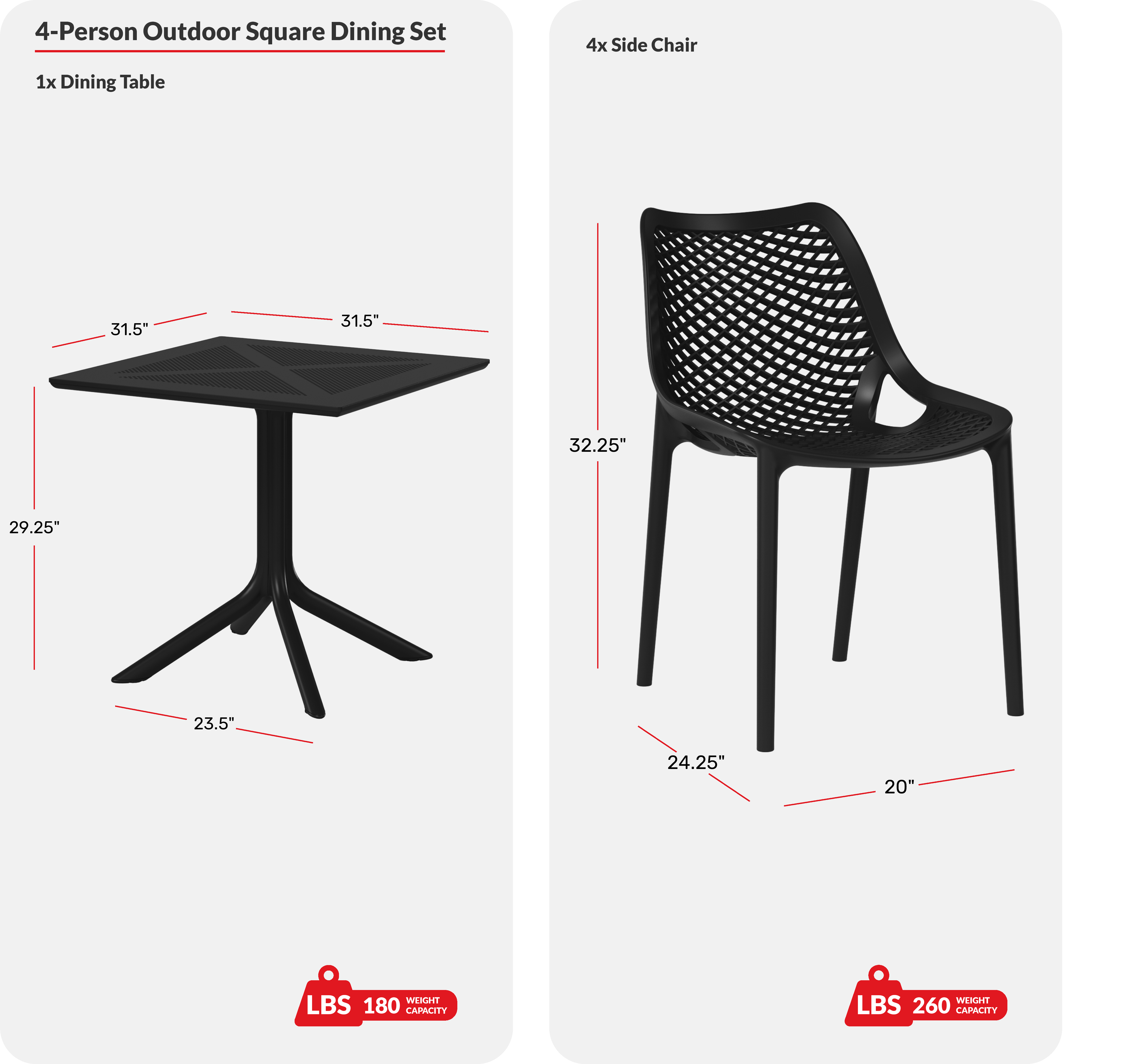 5-Piece Modern Square Patio Dining Table Set with Stackable Patio Dining ChairsCOS Spec Image