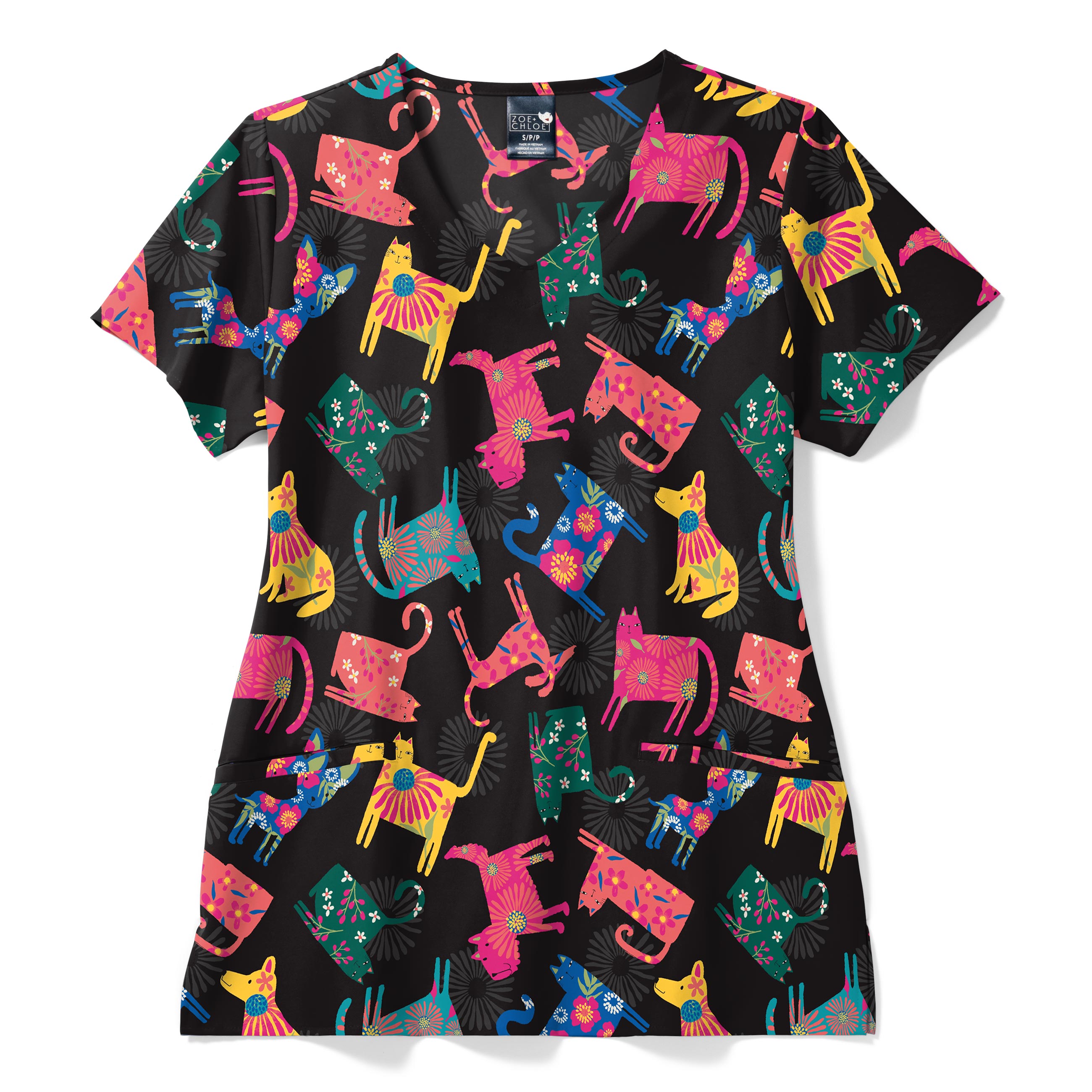 Zoe+Chloe V-Neck Border Print Scrub Top-Zoe&#43;Chloe