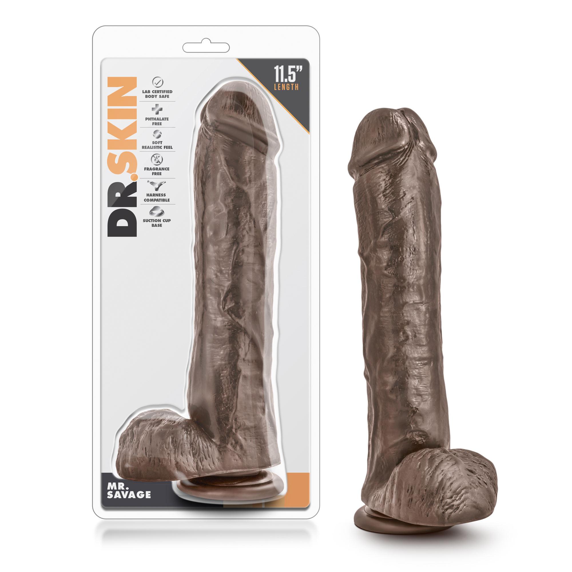 Blush Dr. Skin Mr. Savage Realistic Chocolate 11-Inch Long Dildo With Balls & Suction Cup Base