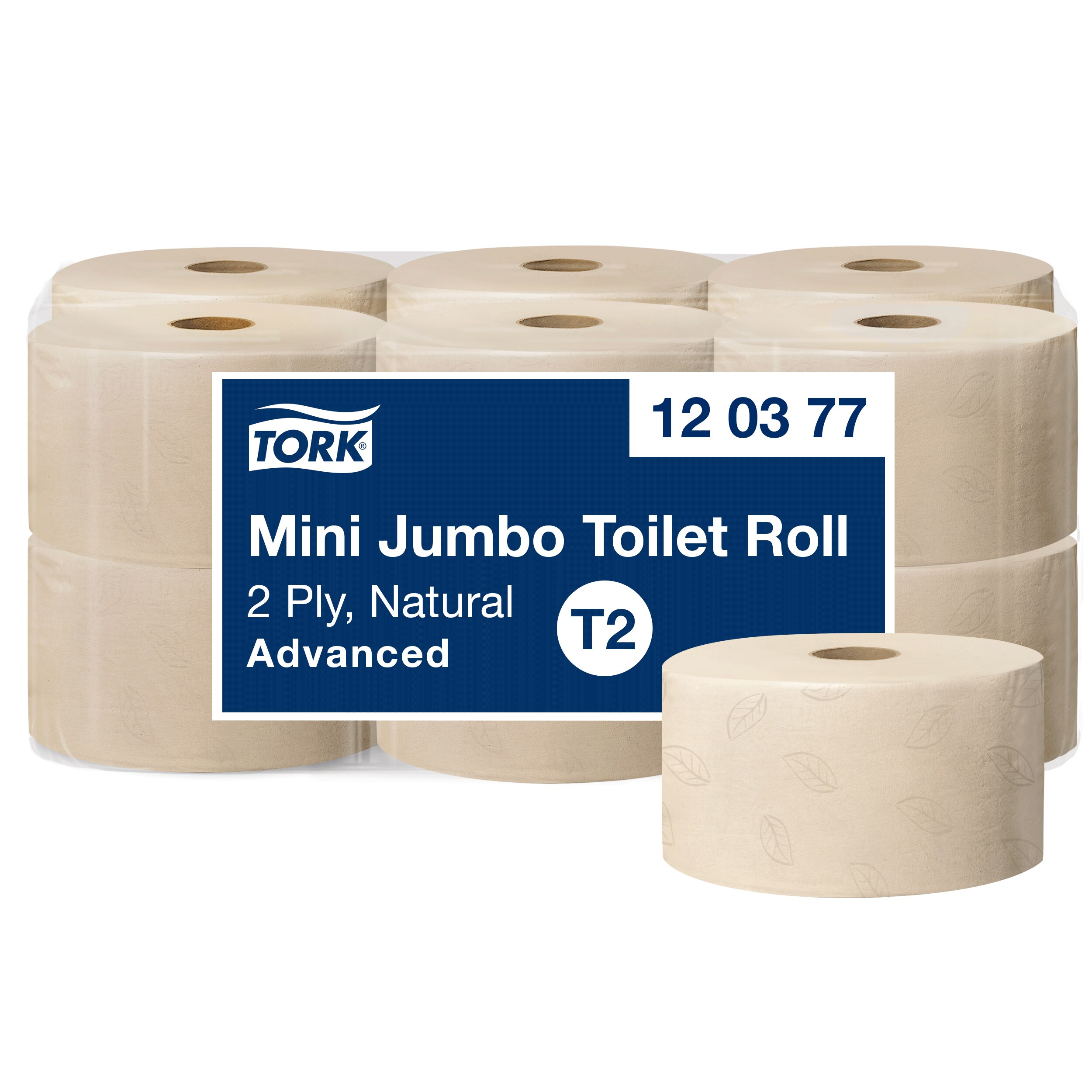 Toiletpapir, Udvendig oprulning, 2 lag, 12 ruller, Tork Advanced Jumbo Mini T2
