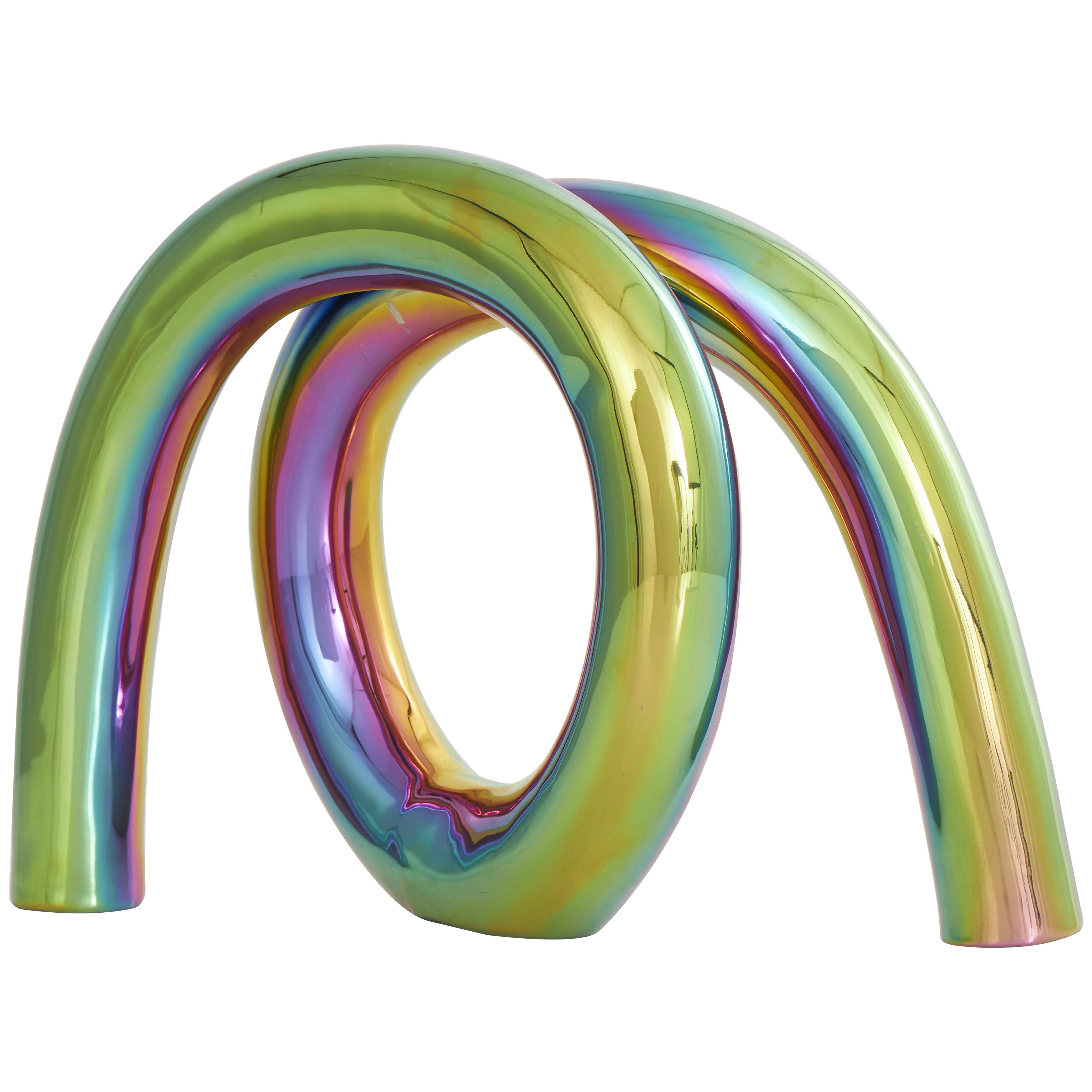 Multi Colored Ceramic Abstract Looped Decorative Sculpture with Rainbow Shimmer Finish, 12" x 4" x 8"