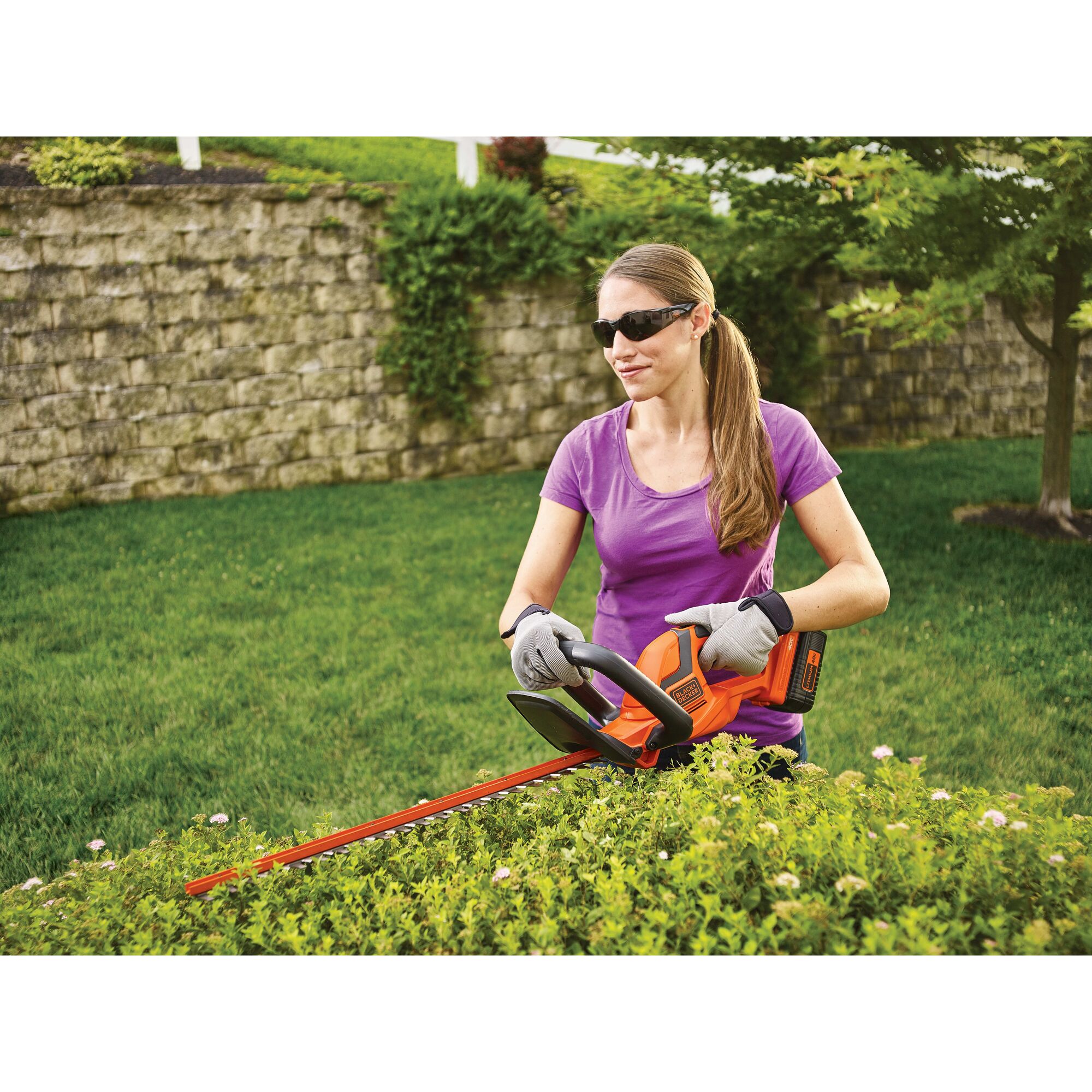 Woman using 22 Inch 40 Volt Max Hedge Trimmer to trim top of hedges.