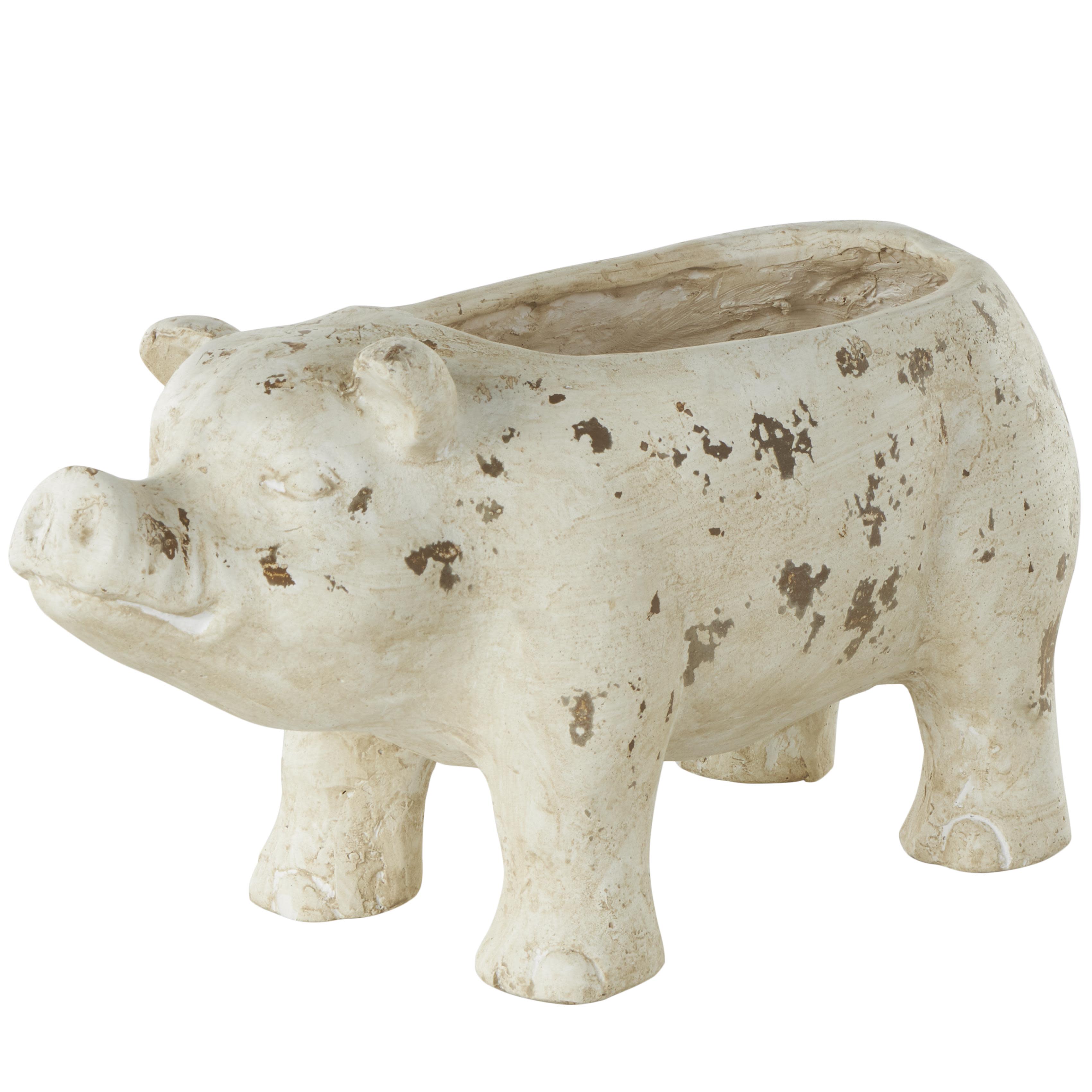 Light Brown Magnesium Oxide Pig Indoor Outdoor Planter with Distressed Details, 7" x 17" x 8"
