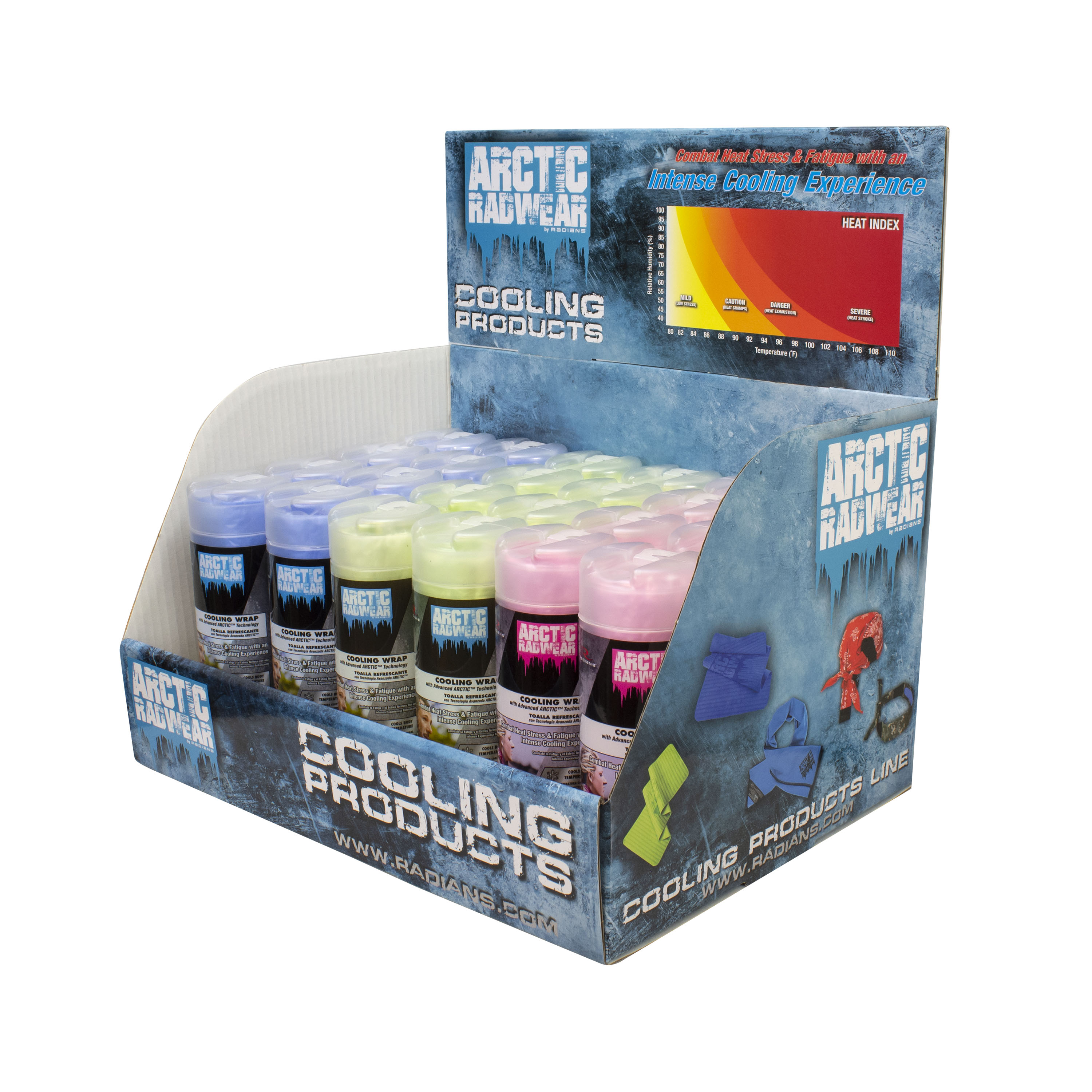 Arctic Radwear® Cooling Wrap Counter Display - 8 Blue / 8 Lime / 8 Pink