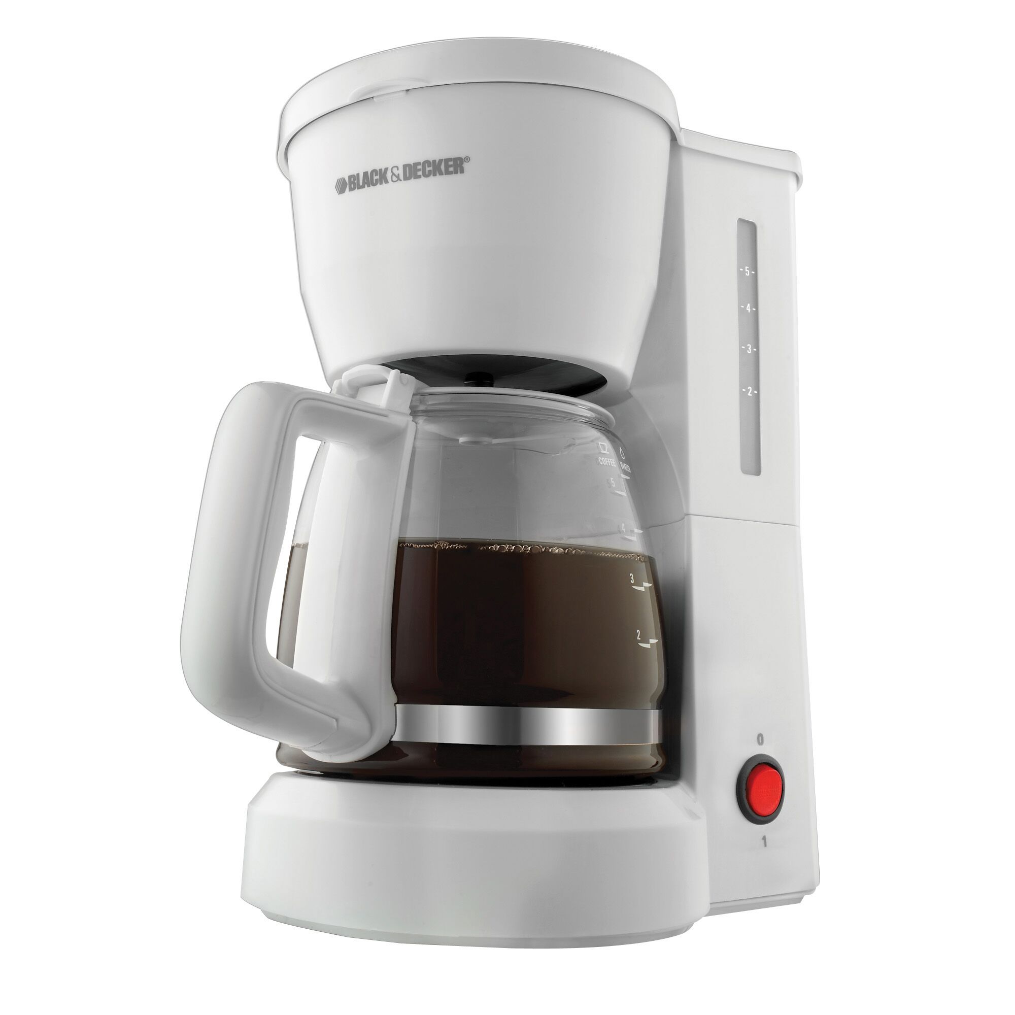 Profile of 5 Cup Coffee Maker containing brewed coffee in carafe.