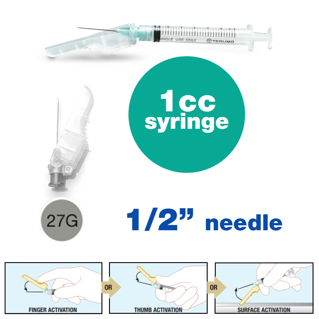 SurGuard® 3 Safety Hypodermic Needle, 1CC Syringe with 27G x 1/2" Needle - 100/Box