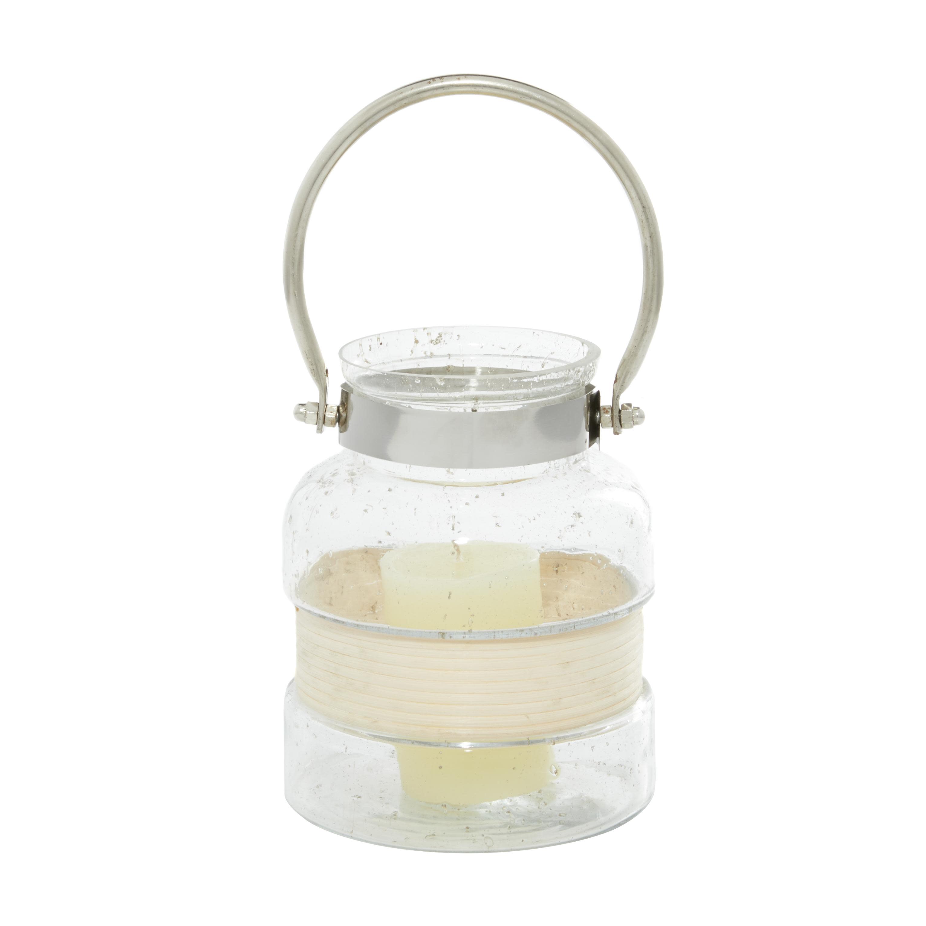 The Novogratz Clear Glass  Decorative Indoor Outdoor Candle Lantern with Curved Handle, 6" x 7" x 8"