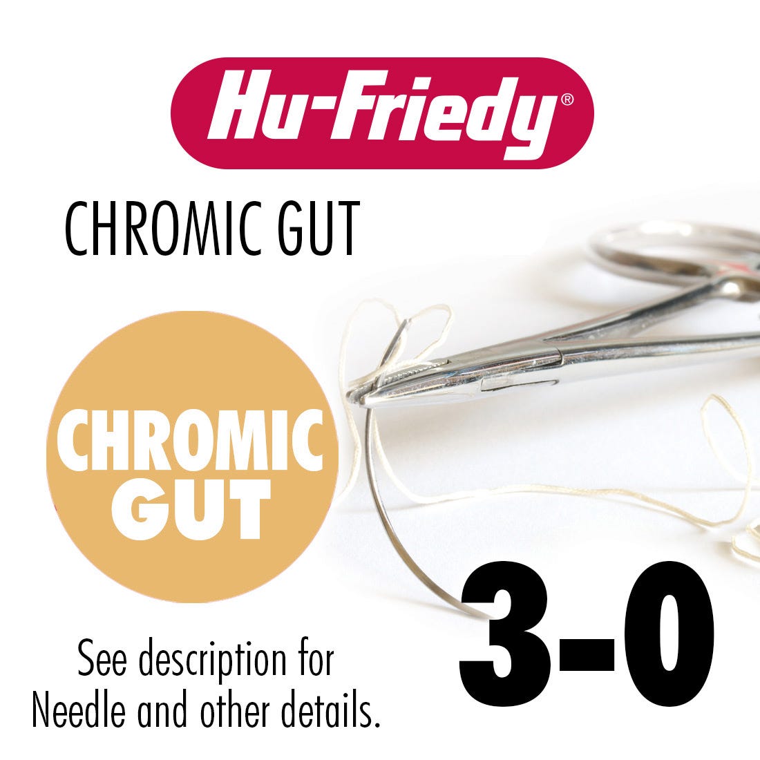 Hu-Friedy 3-0 Chromic Gut Sutures 27", C-6 Needle 18.7mm, 3/8 Circle Reverse Cut - 12/Box