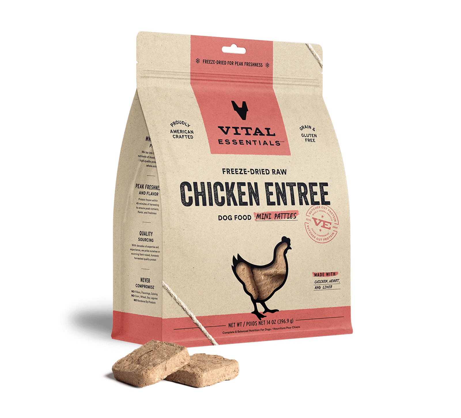 Vital Essentials Freeze-Dried Raw Chicken Entree Dog Food Mini Patties, 14 oz - Treats