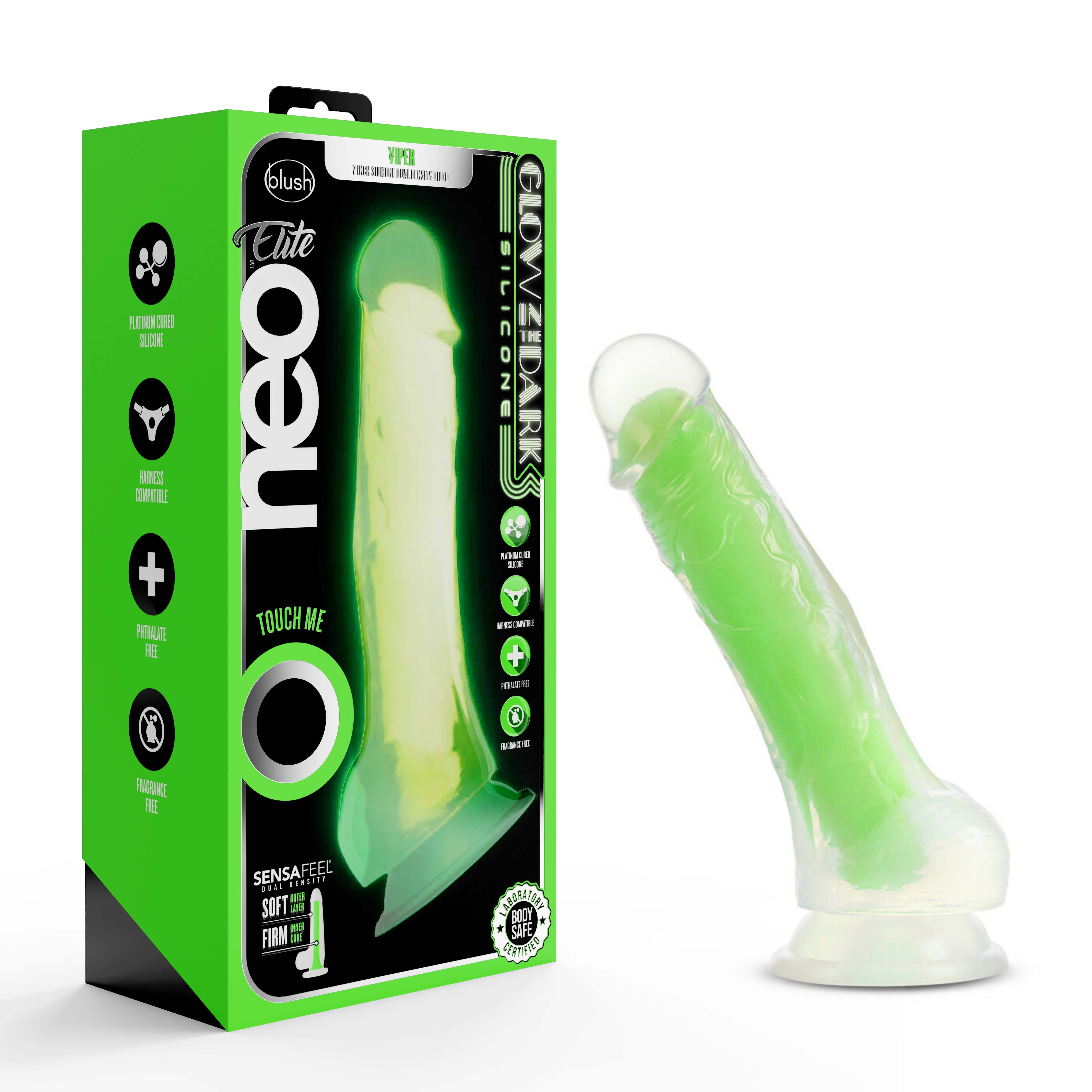 Blush Neo Elite? / Glow In The Dark Neon Green: 7.5-Inch Long Dildo - Made with Purio? Silicone & SensaFeel? Dual Density Realistic Technology