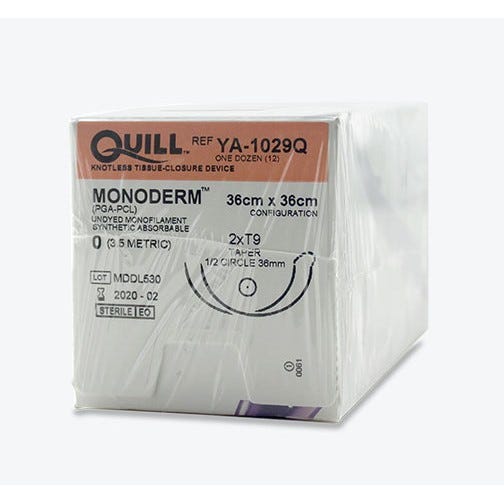 Quill™ Monoderm™ (PGA-PCL) Clear Monofilament Sutures, 0, 36mm 1/2 Circle, Taper Point, 36cm x 36cm Barb Configuration -12/Box