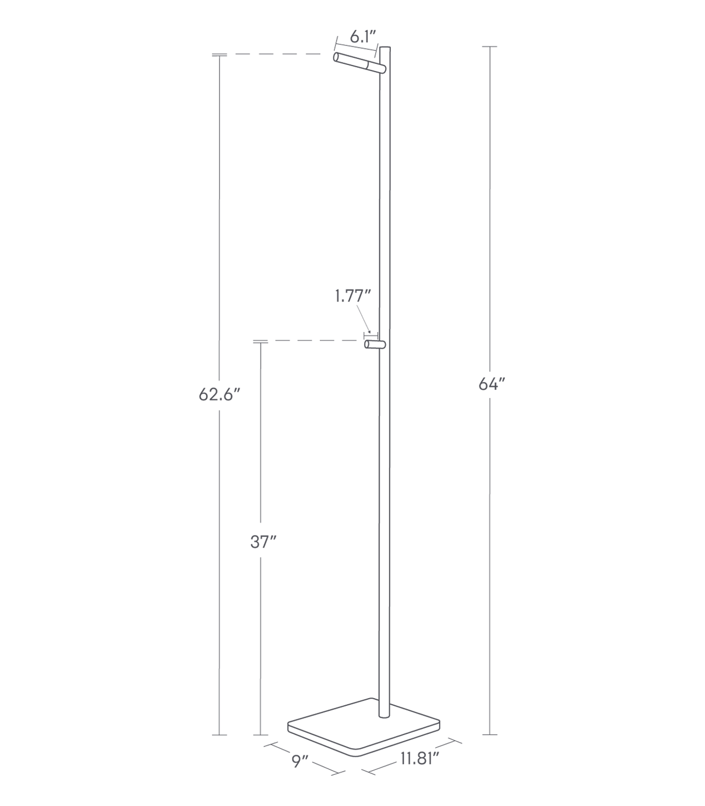 TOWER Coat Rack. Overall height 63.98 inches. Base 11.81 inches in length, 9 inches in width. Highest peg 62.6 inches from base, 6.1 inches in length. Lowest peg 37 inches from base, 1.77 inches in length.