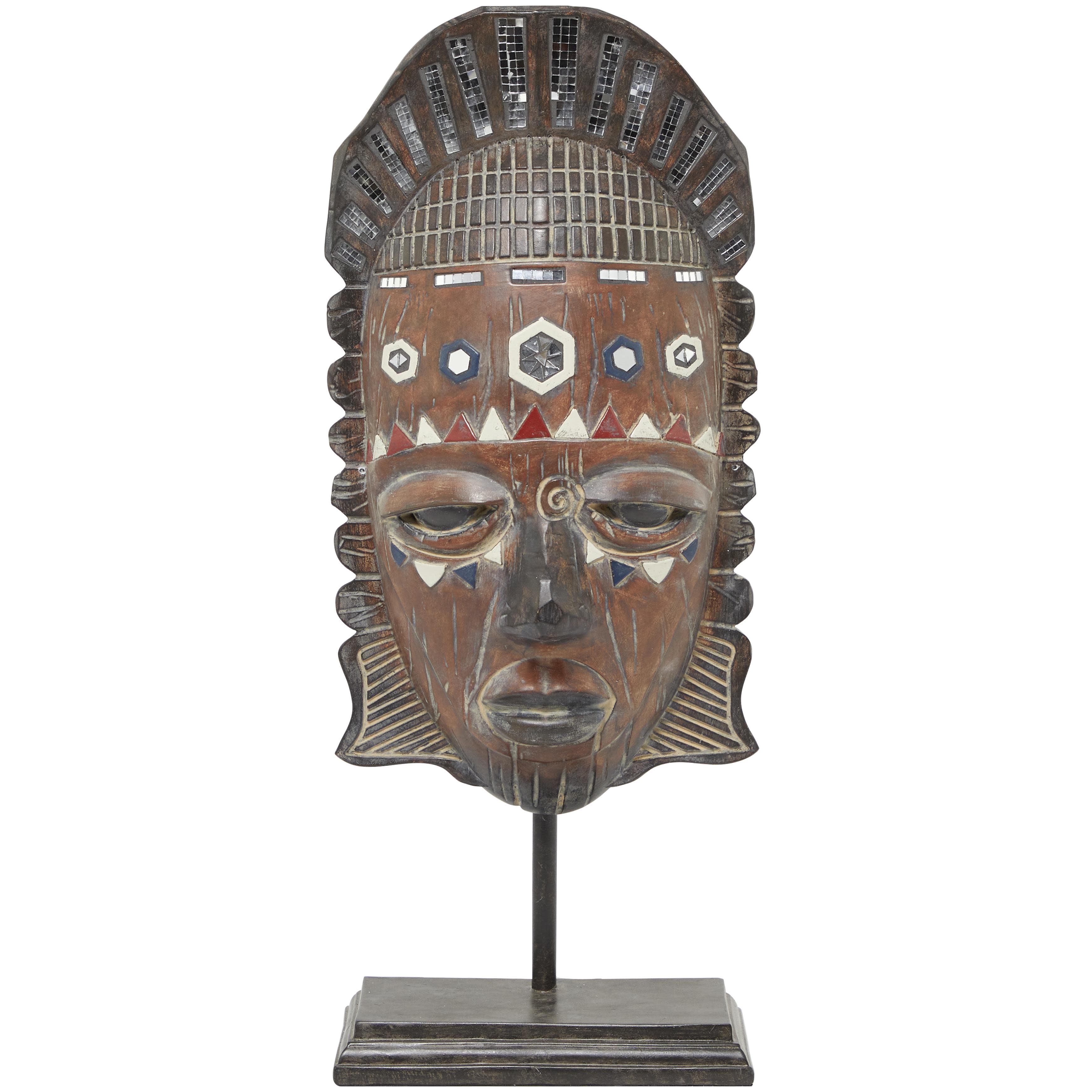 Brown Polystone Mask African Tribal Decorative Sculpture with Rust and Navy Carvings and Mirrored Accents, 14" x 6" x 27"
