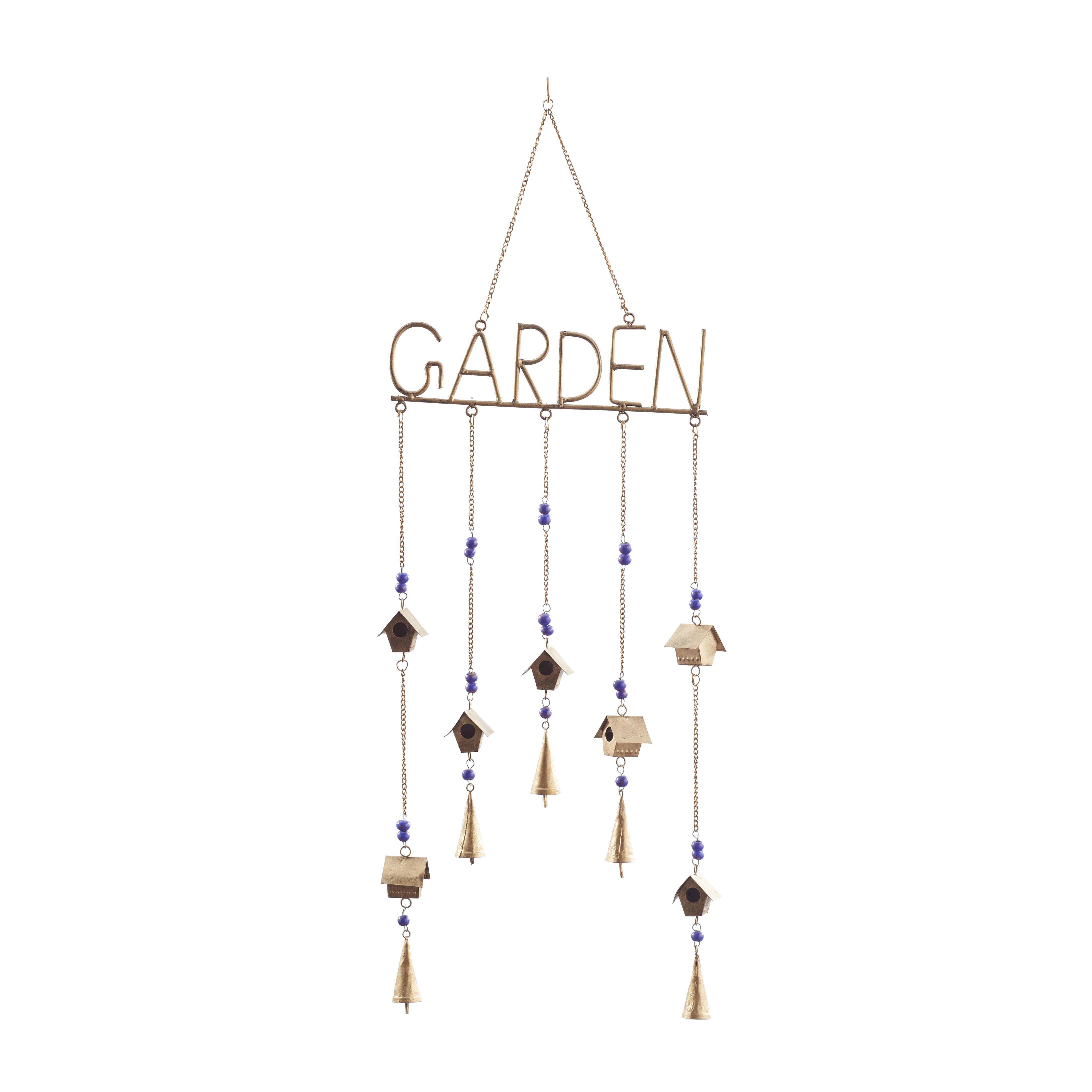 12 pieces Brass Metal Geometric Indoor Outdoor Garden Windchime with Glass Beads and Bells, 13\" x 0\" x 36\"