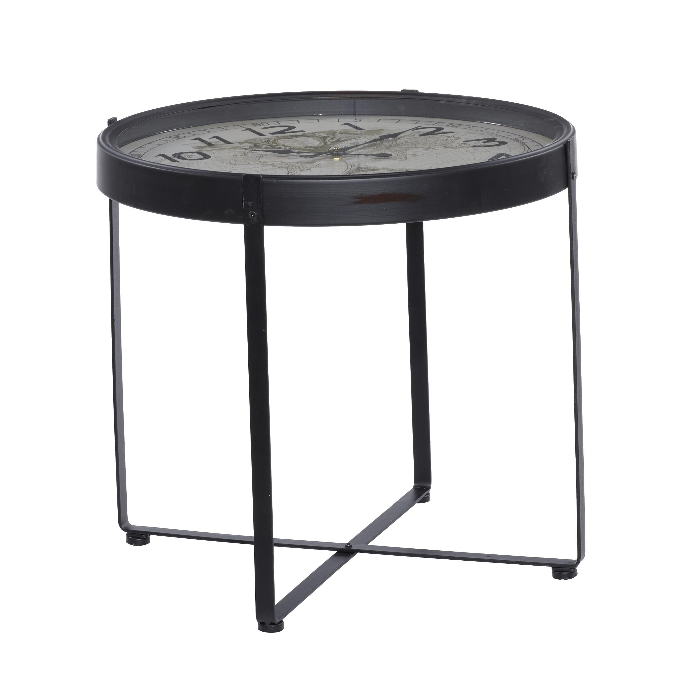Black Metal  Clock Accent Table with Map Background and Clear Glass Top, 24" x 24" x 22"