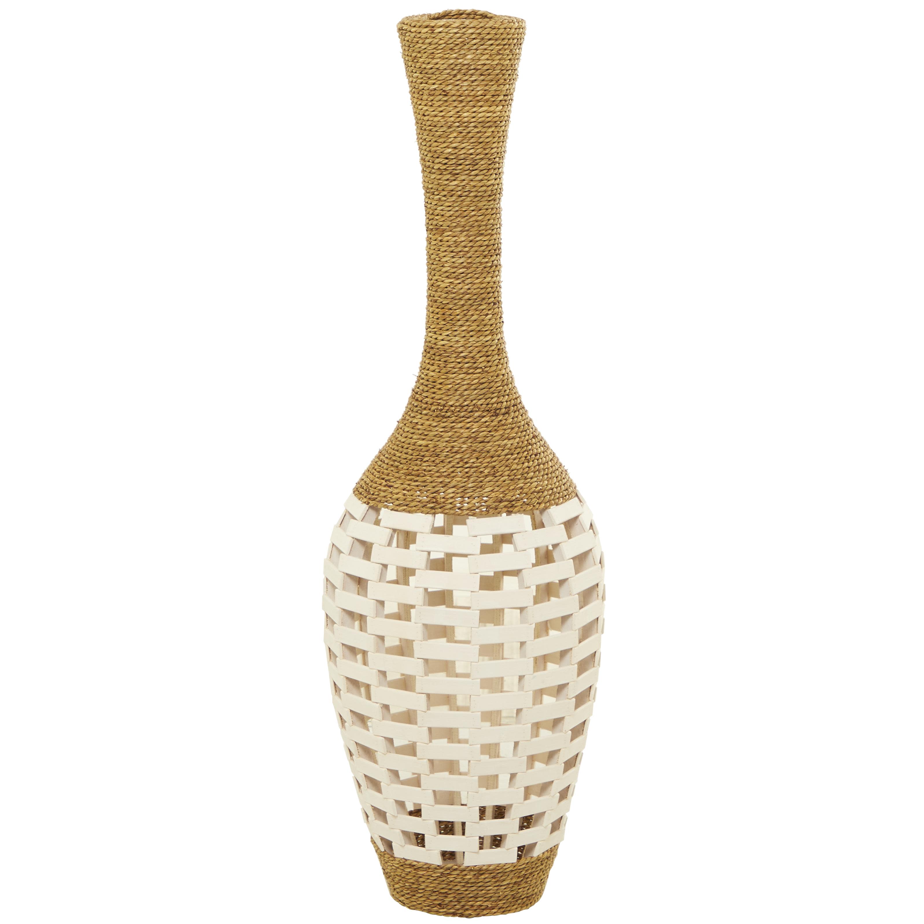 Brown Seagrass  Handmade Wrapped Tall Floor Decorative Vase with Cream Mosaic Bamboo Center, 13" x 13" x 40"