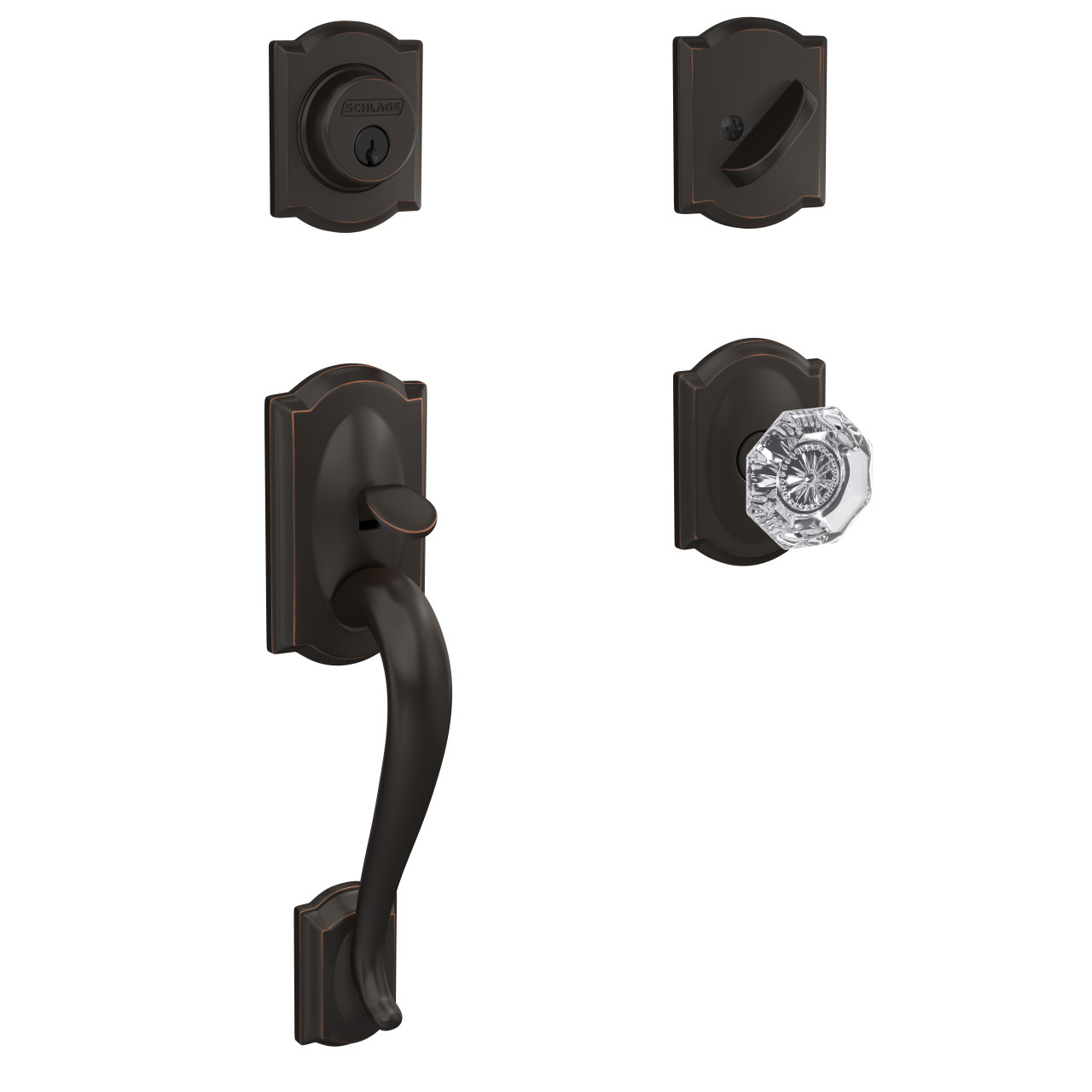Custom Single Cylinder Handleset and Alexandria Glass Knob with Camelot Trim