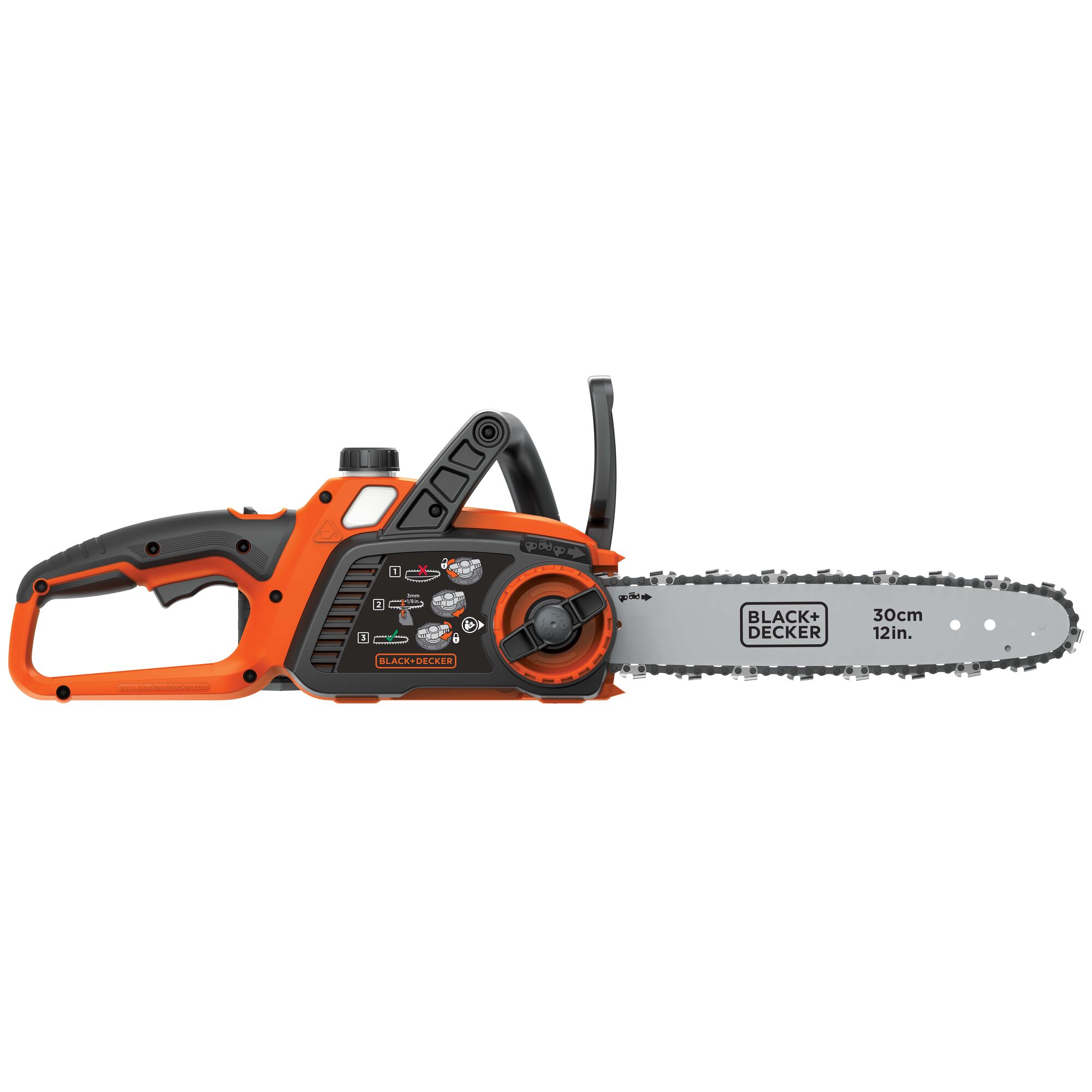 Profile of 40 volt MAX Lithium 12 inch Chainsaw.