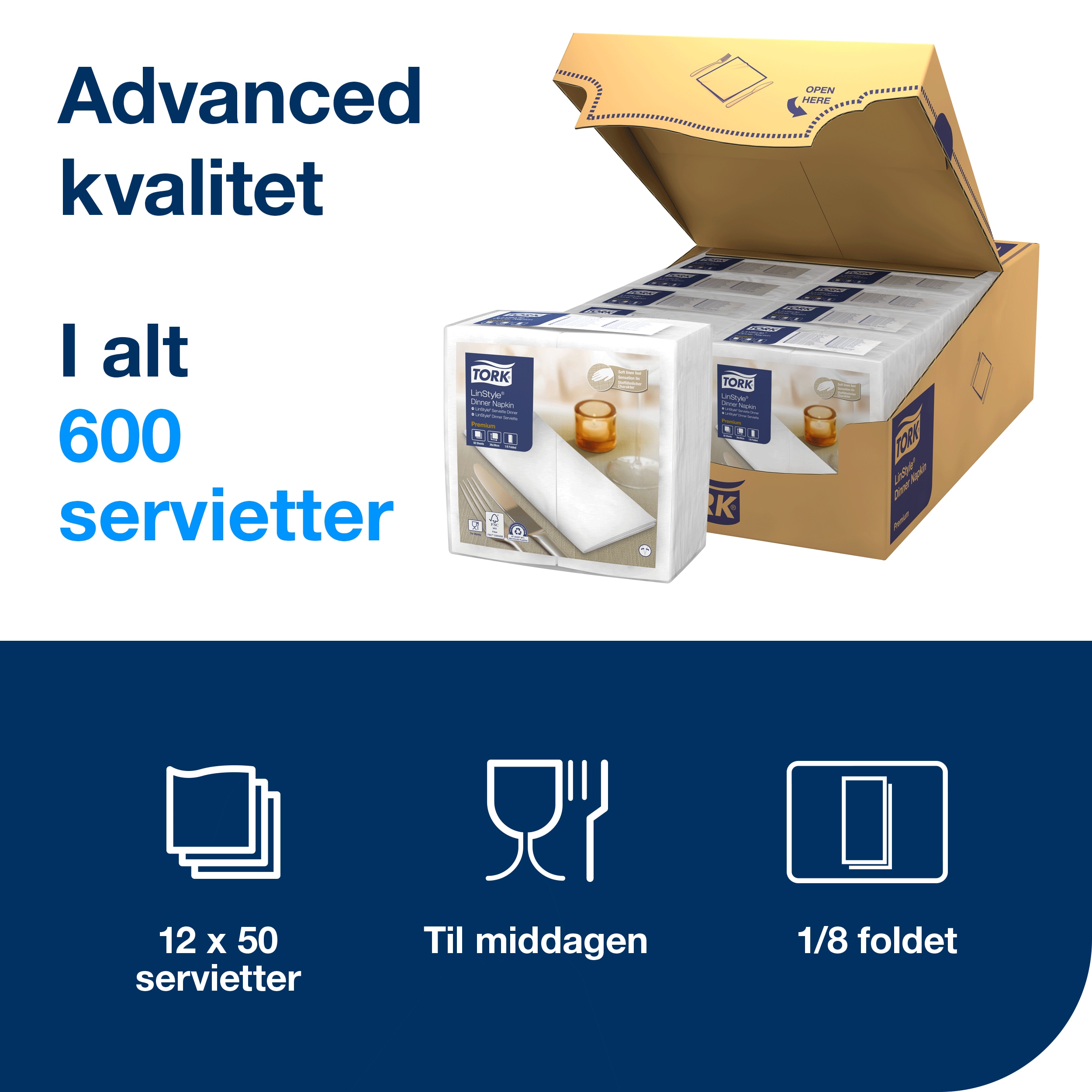 Servietter, 1 lag, Hvid, 40x40 cm, 50 stk, Tork Linstyle