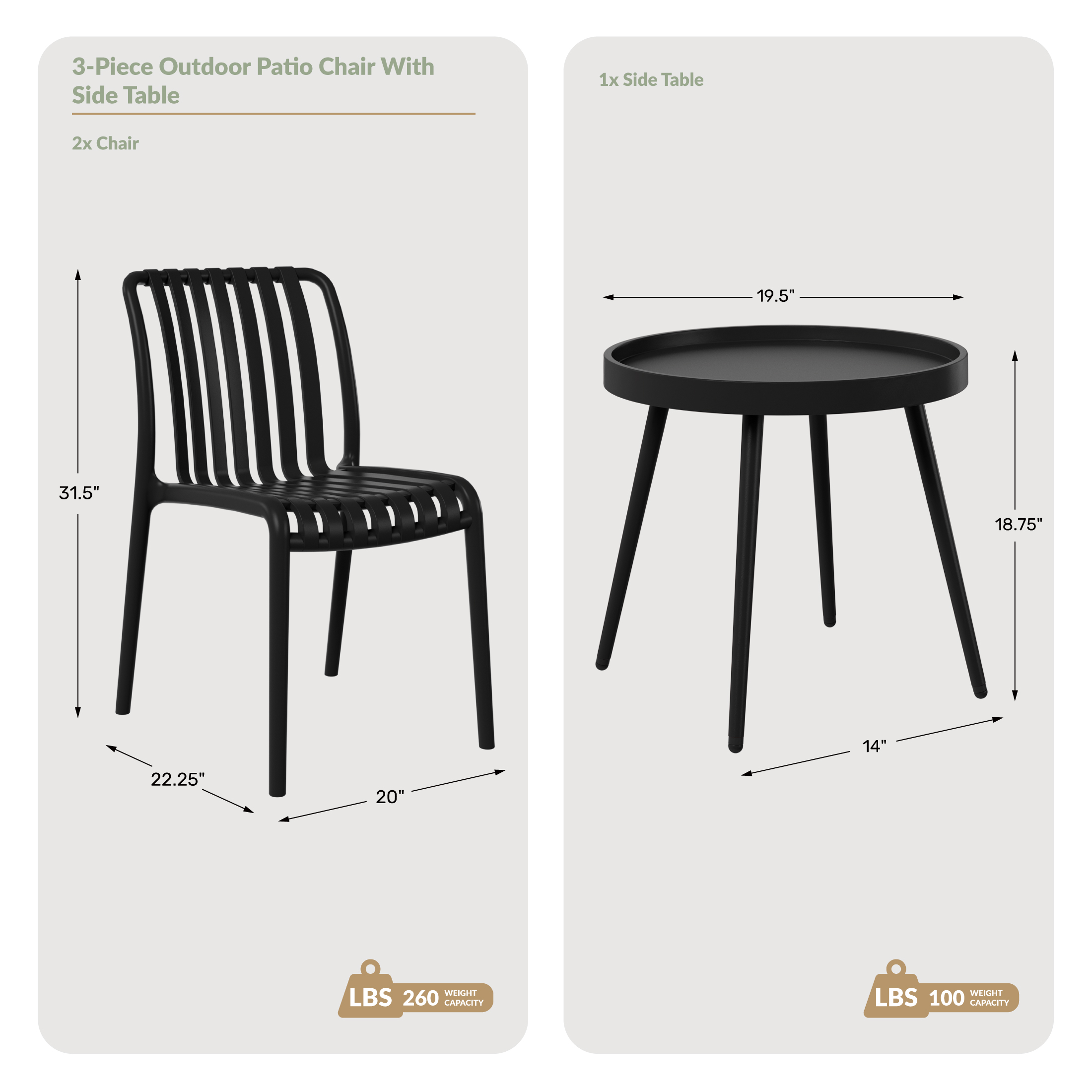 3-Piece Outdoor Patio Bistro Balcony Furniture Set With Stackable ChairsWWT Spec Image