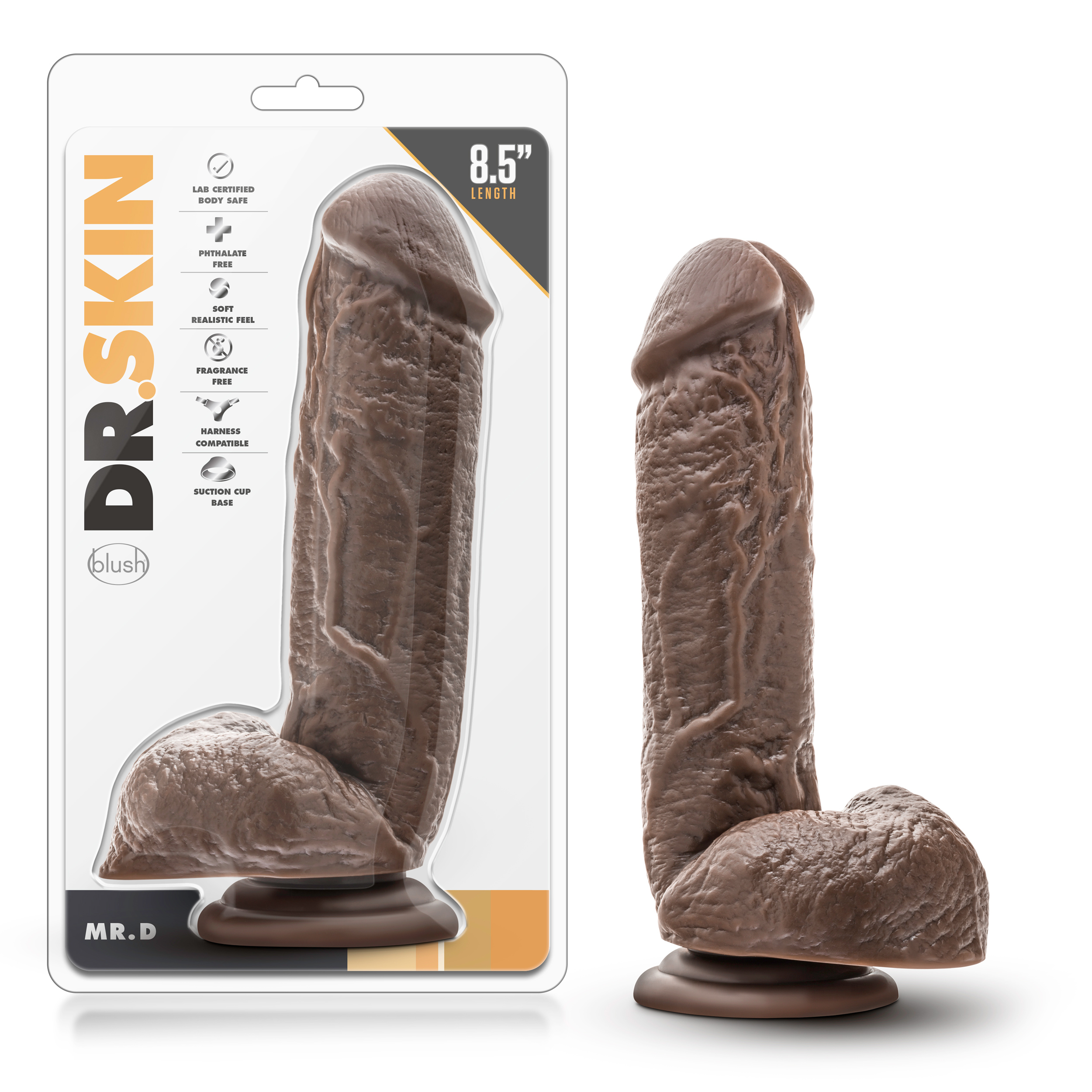 Blush Dr. Skin Mr. D Realistic Chocolate 8.5-Inch Long Dildo With Balls & Suction Cup Base