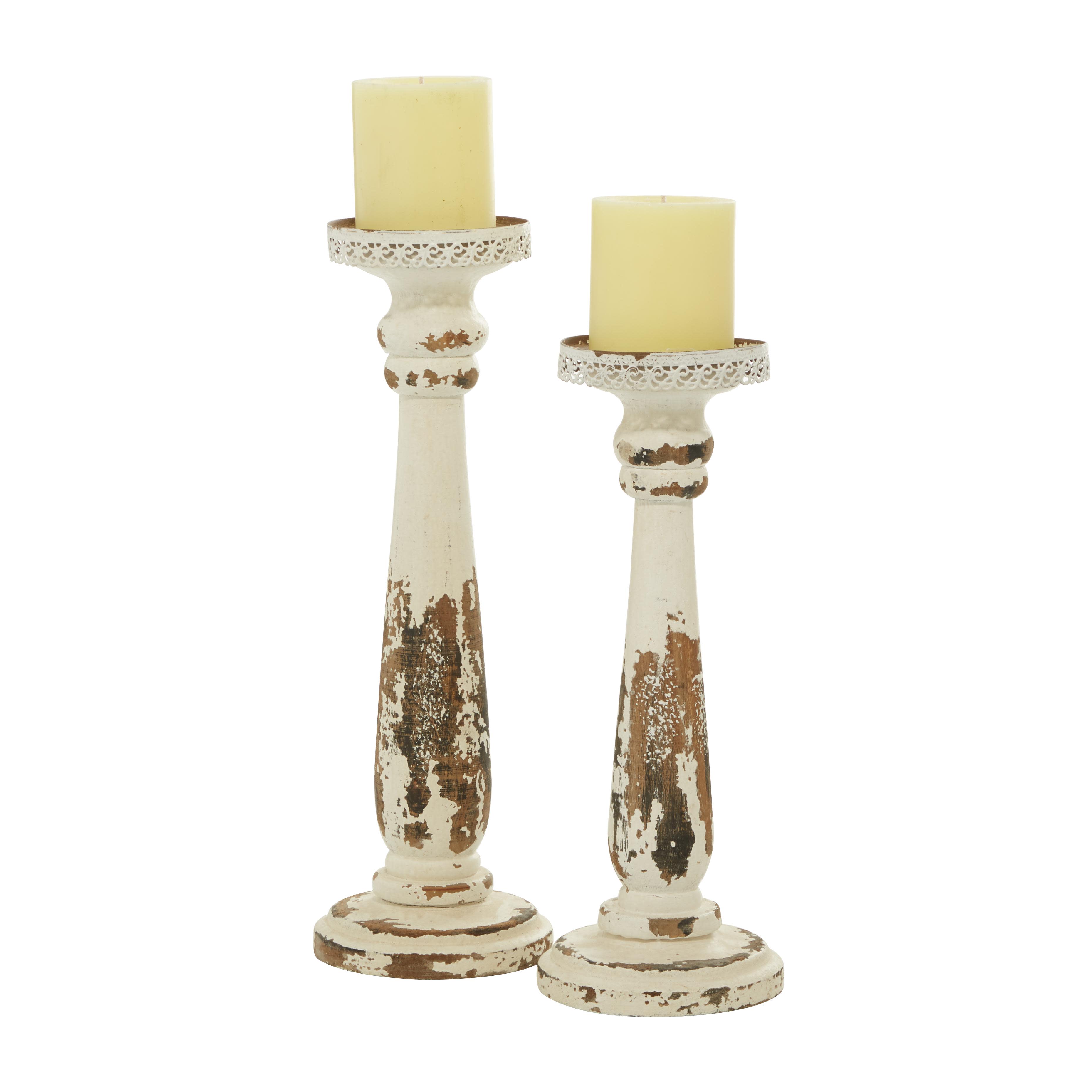 Brown Wood  Distressed Pillar Candle Holder, Set of 2 13", 15"H