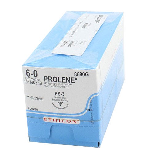 PROLENE® Polypropylene Blue Monofilament Sutures, 6-0, PS-3, Precision Point-Reverse Cutting, 18" - 12/Box