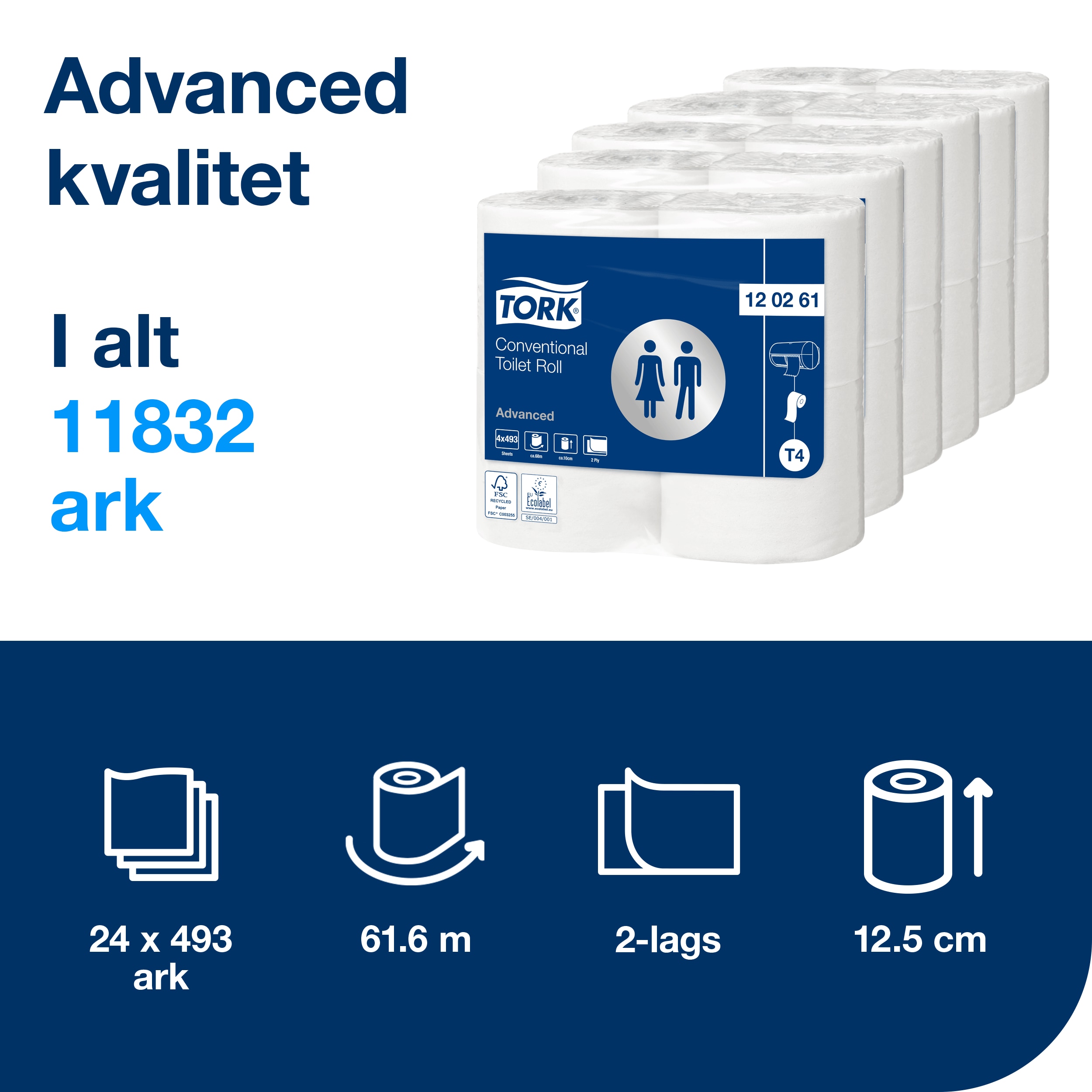 Toiletpapir, Udvendig oprulning, 2 lag, 24 ruller, Tork Advanced T4