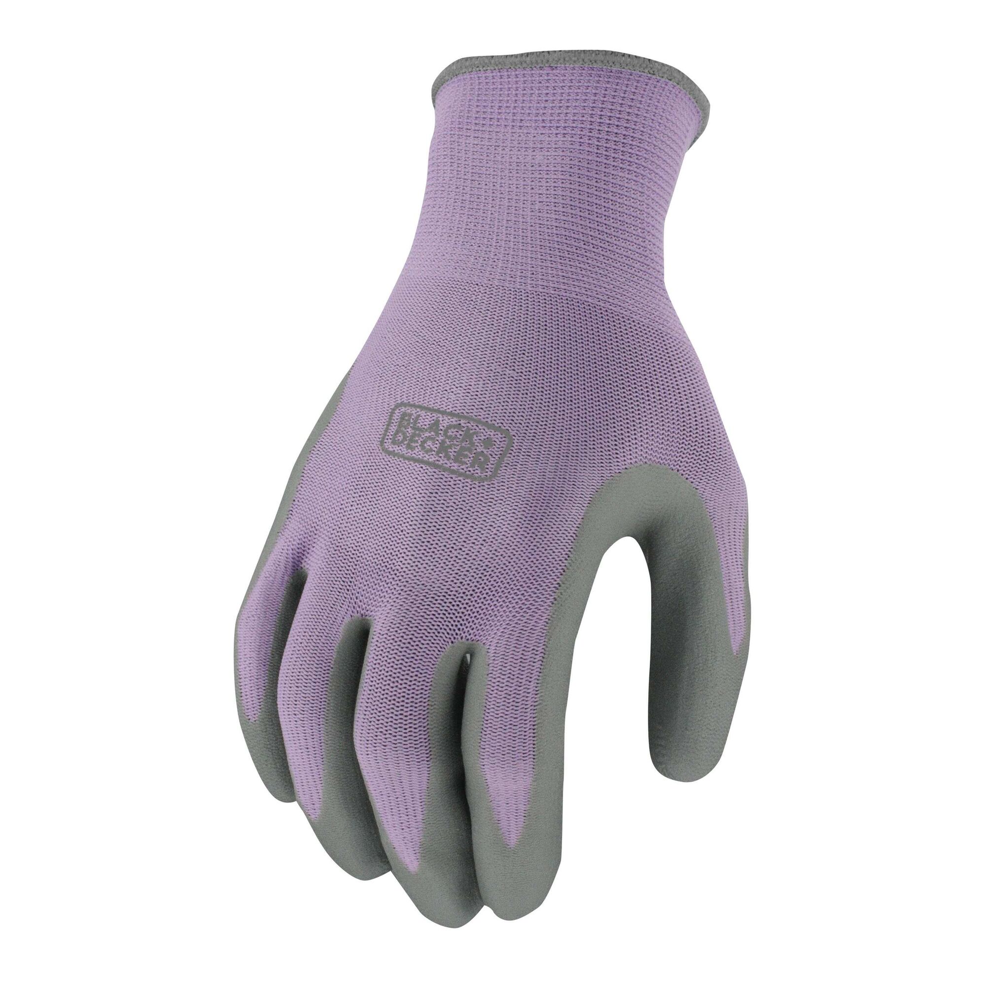 Profile of purple ladies foam nitrile grip glove.