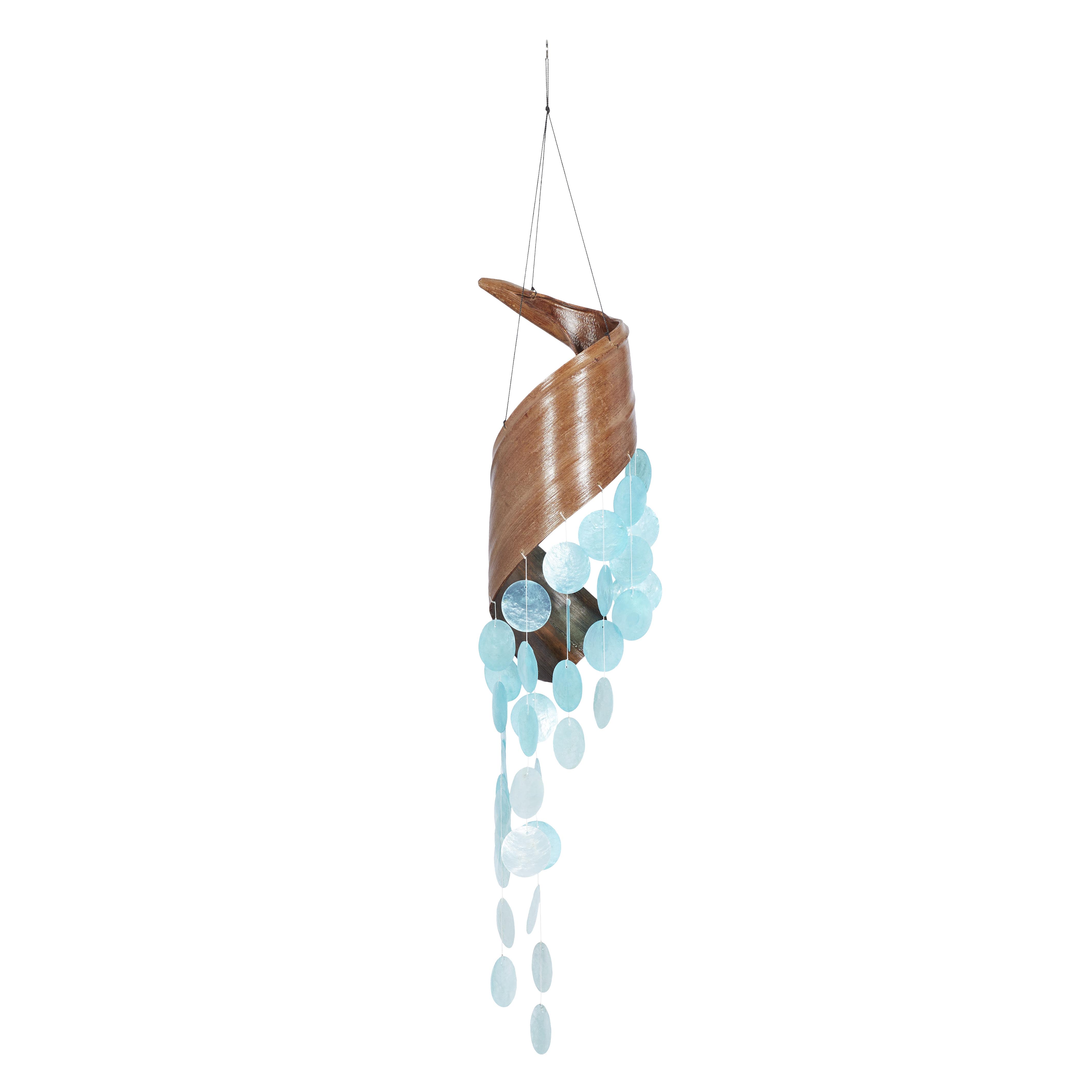 Teal Shell  Spiral Waterfall Indoor Outdoor Windchime with Black Rope, 5" x 5" x 32"