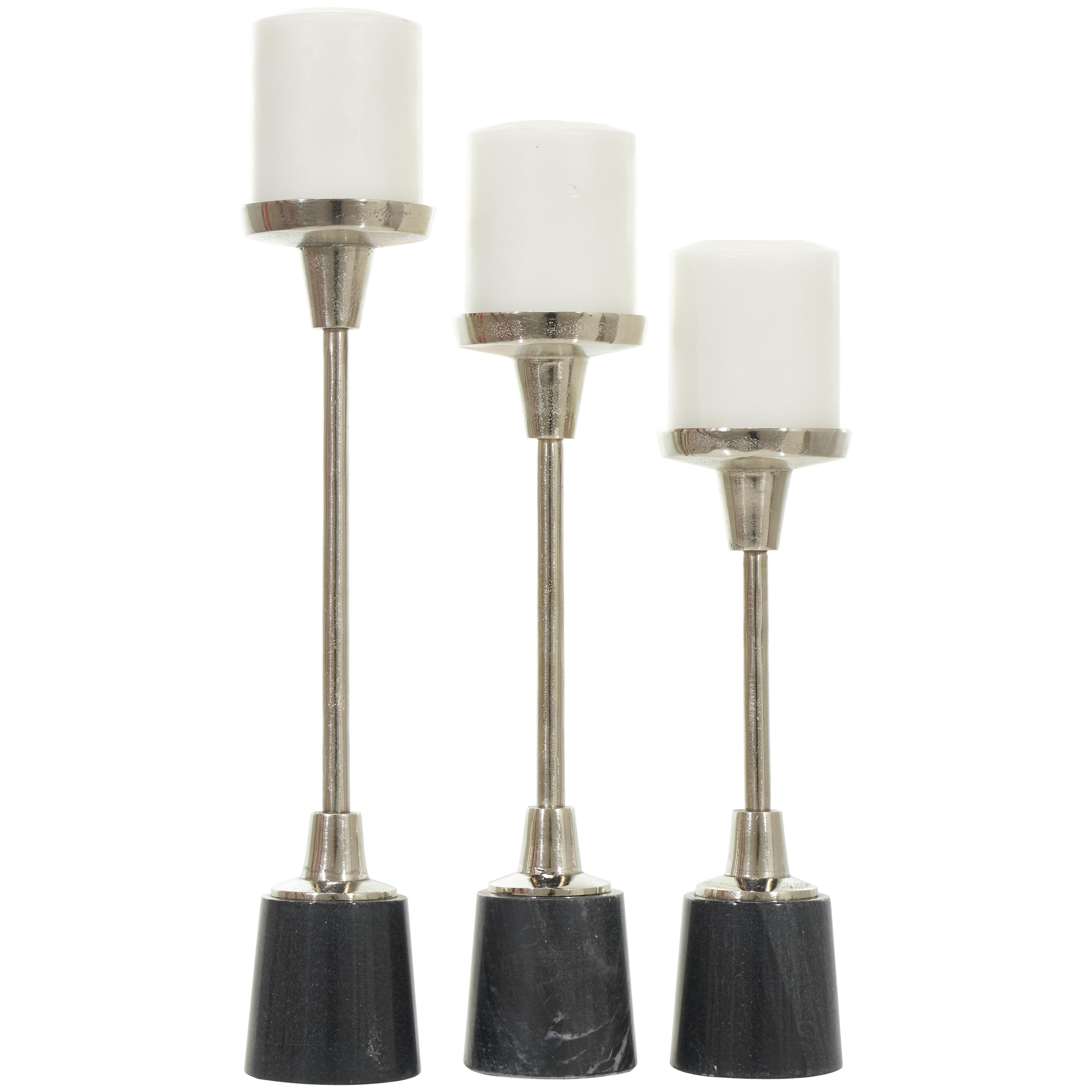 Silver Aluminum Metal  Slim Decorative Candle Holder with Black Marble Base, Set of 3 15", 13", 11"H