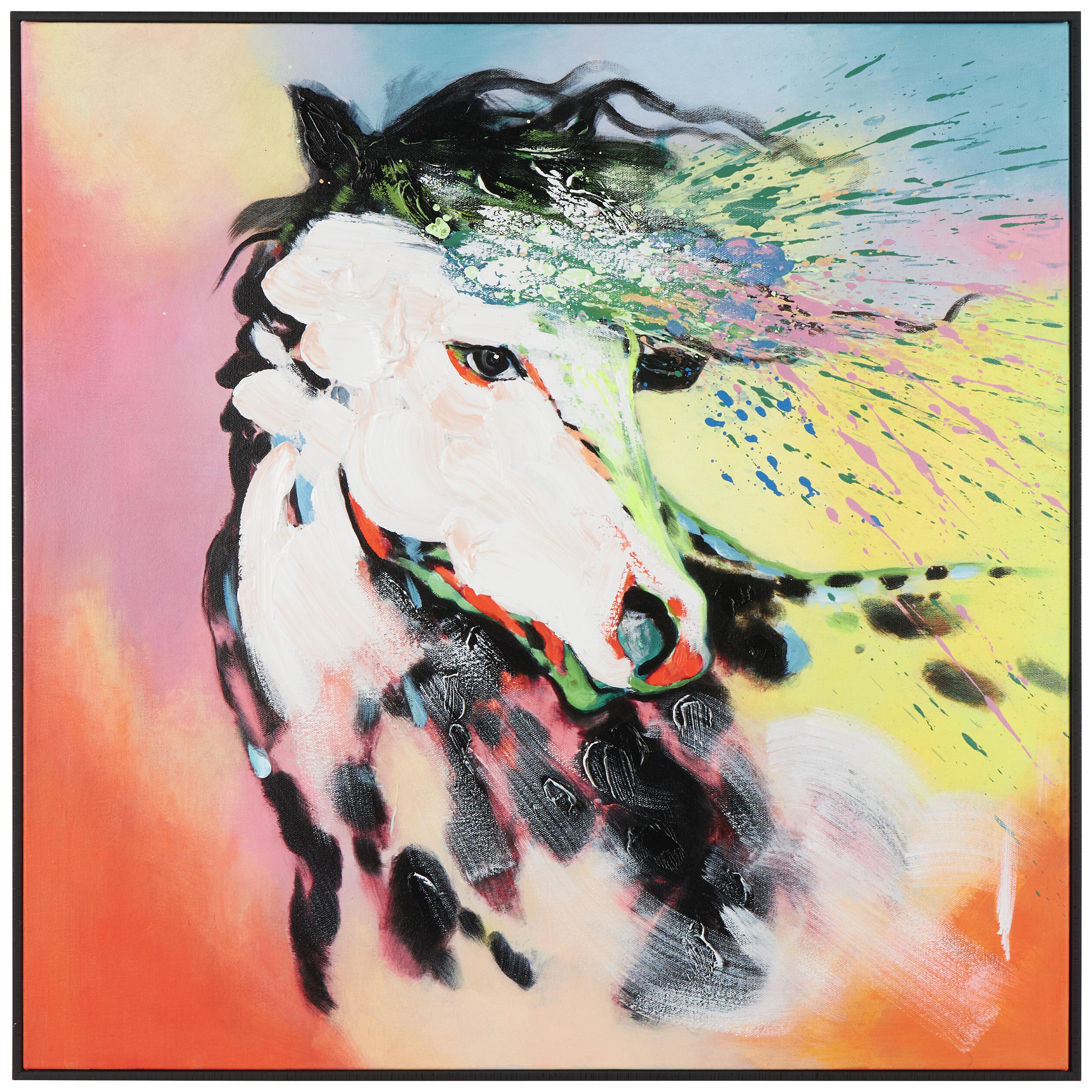 multi colored canvas horse abstract paint splatter living room framed wall art with black frame, 32" x 2" x 32"