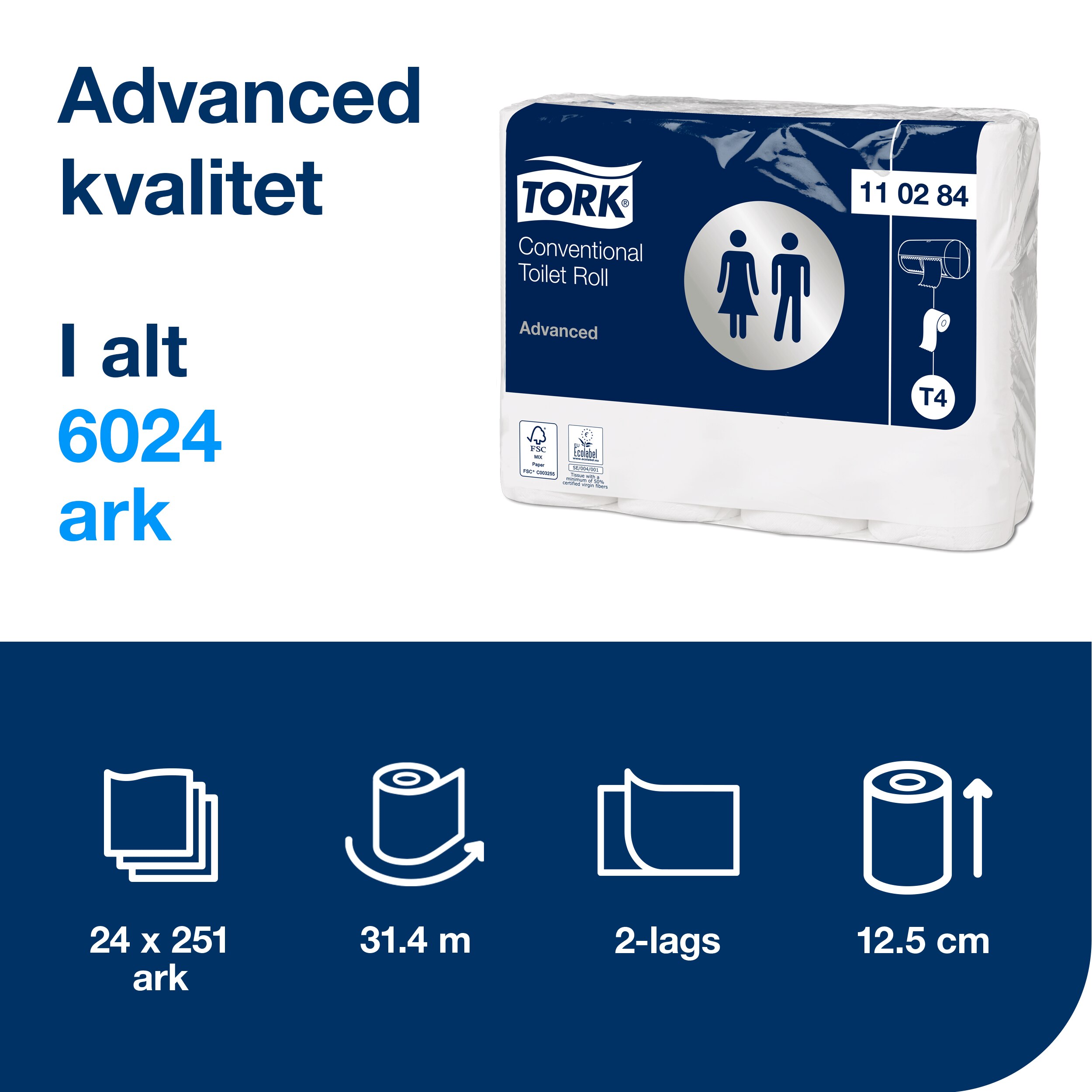 Toiletpapir, Udvendig oprulning, 2 lag, 24 ruller, Tork Advanced T4